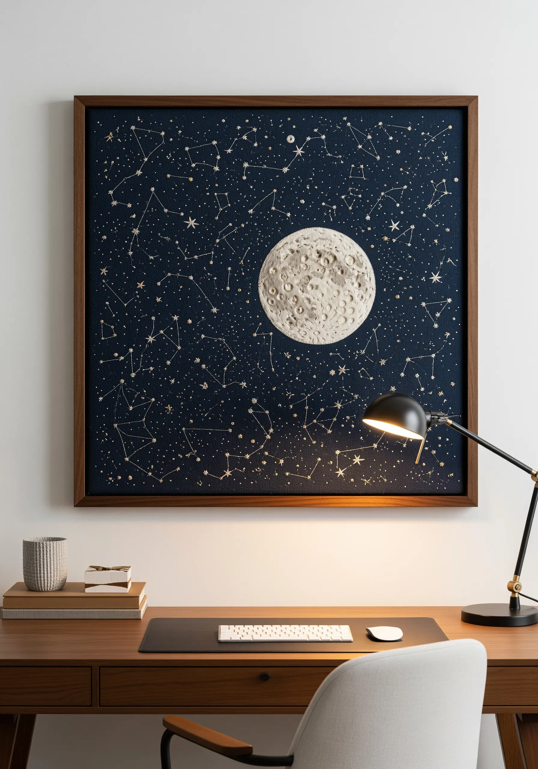 Large framed embroidery of the moon and constellations on a dark navy fabric