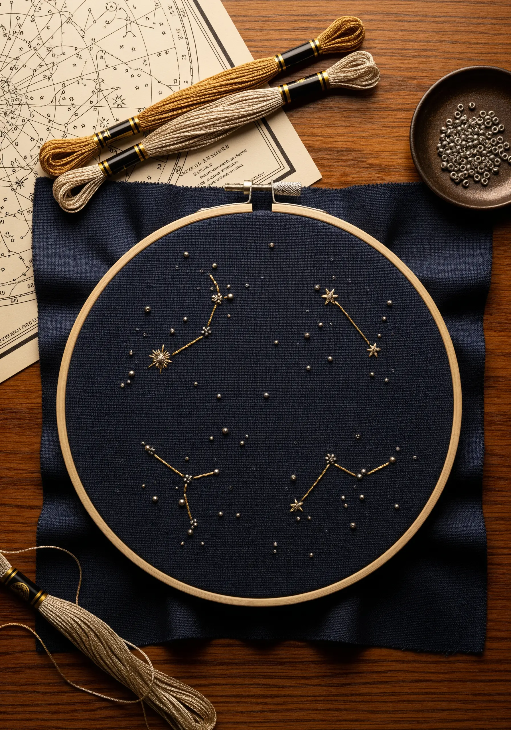Embroidered constellations on dark navy fabric using gold thread and silver beads.