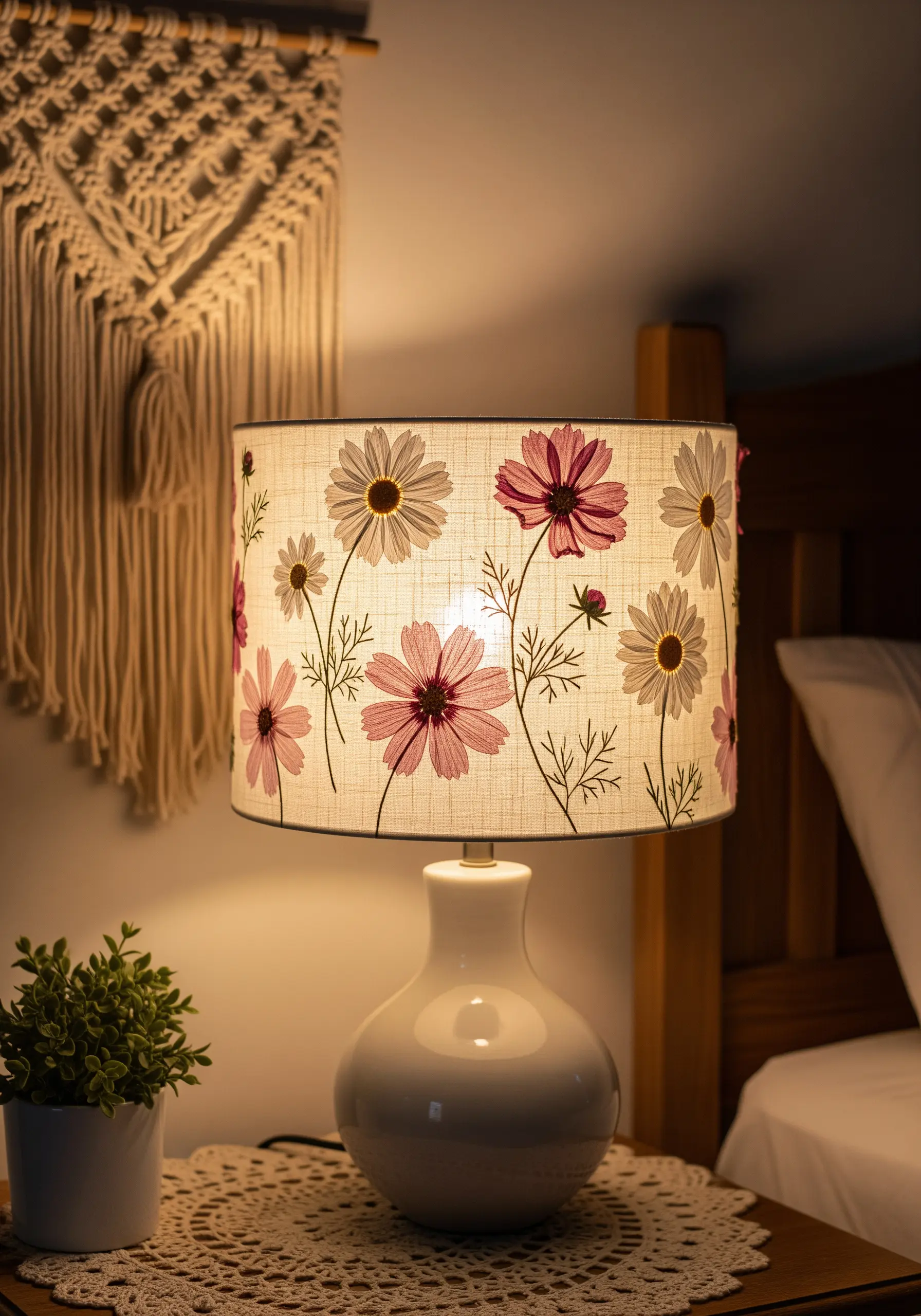 A custom lampshade embroidered with a delicate pattern of pink and white cosmos flowers.