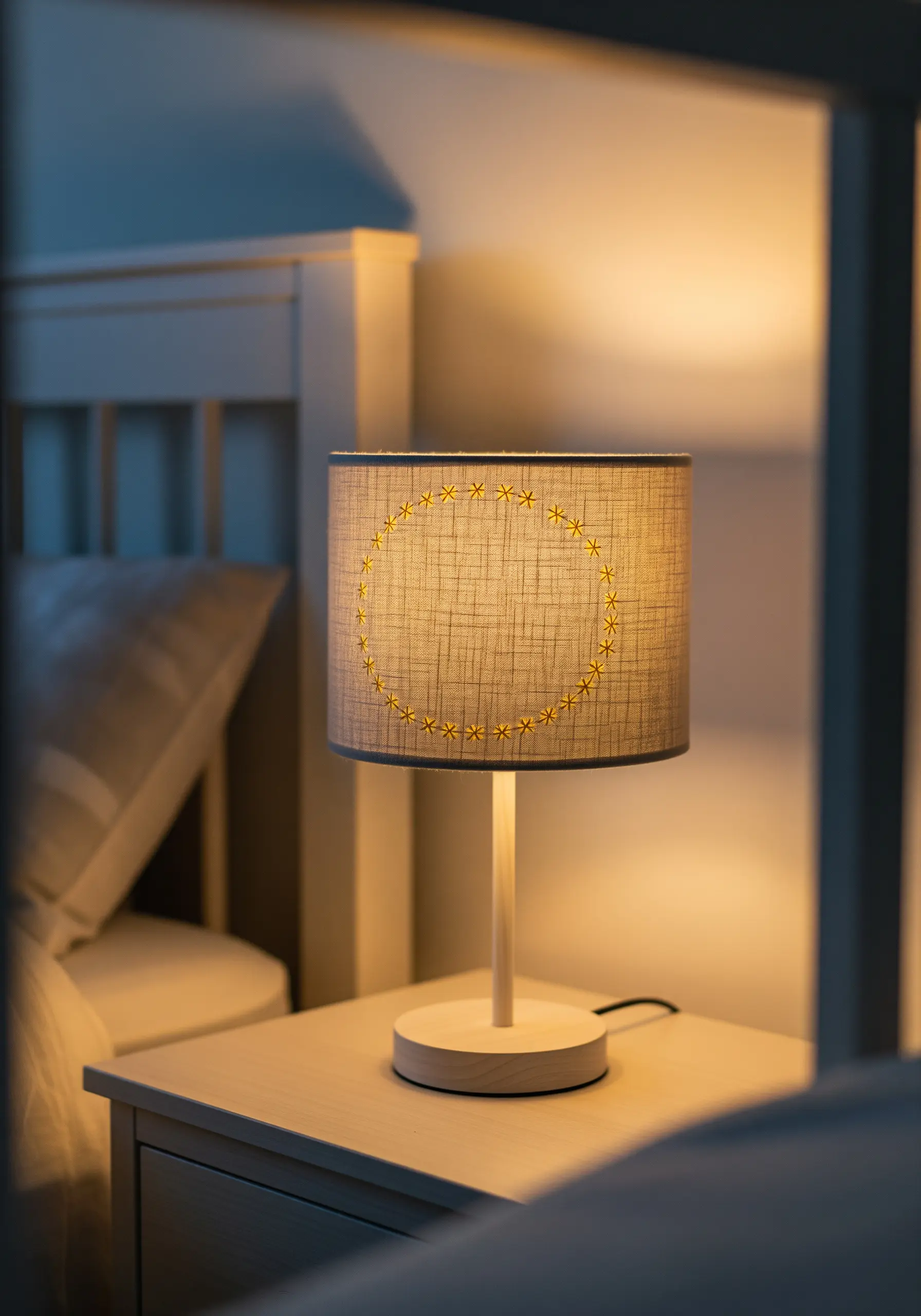 A gray fabric lampshade with a simple circle of hand-stitched yellow stars.
