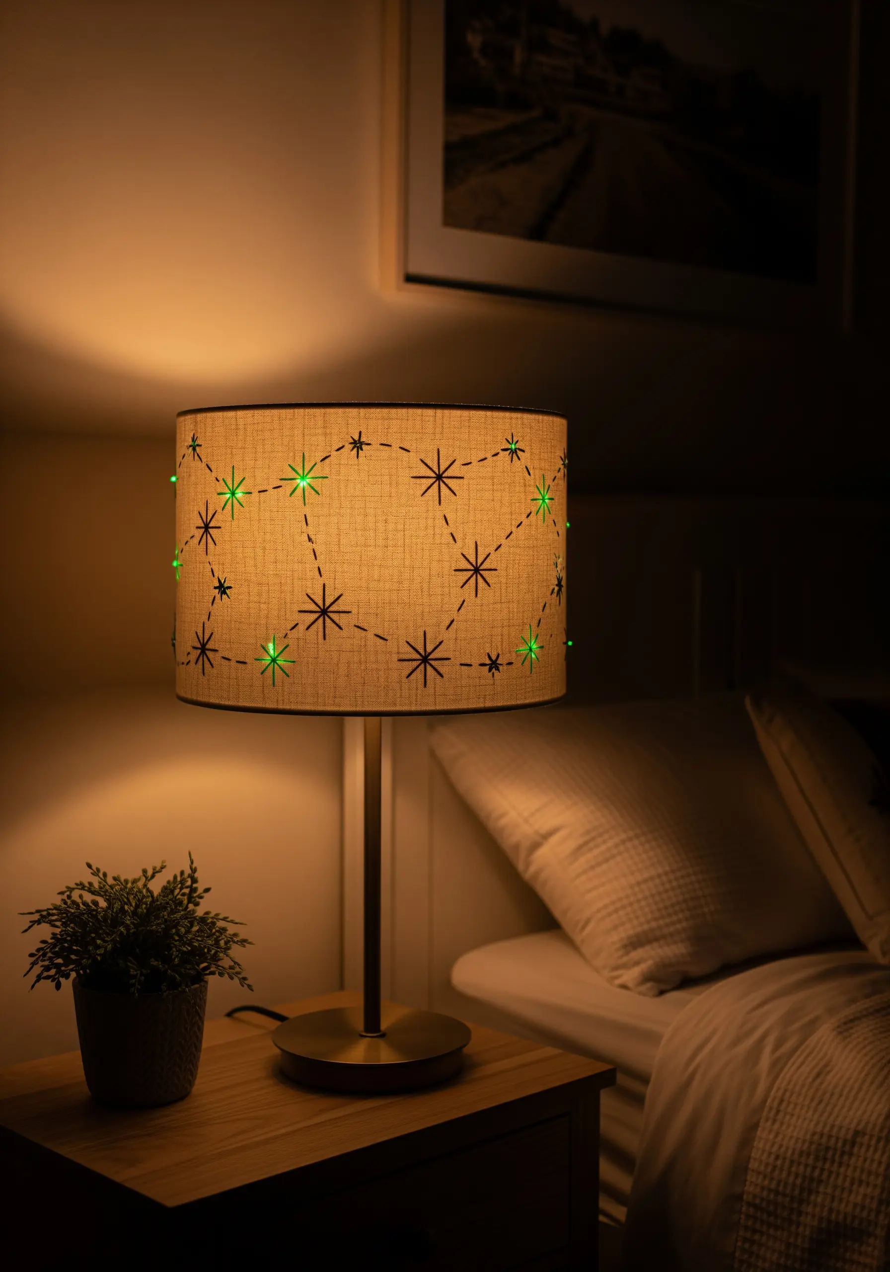 A lampshade with an embroidered star pattern that glows in the dark.