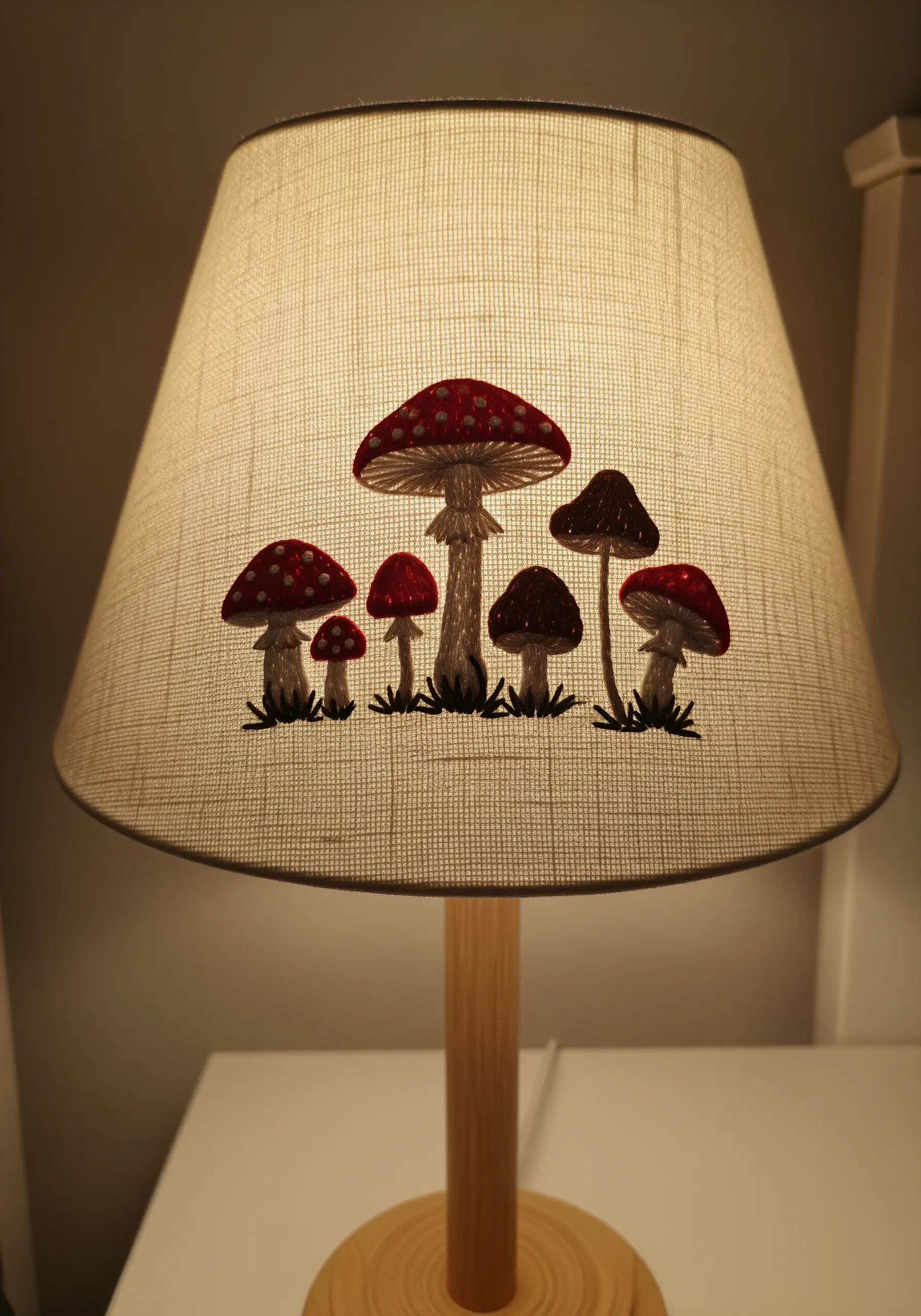 A family of embroidered red and brown mushrooms on a woven linen lampshade.