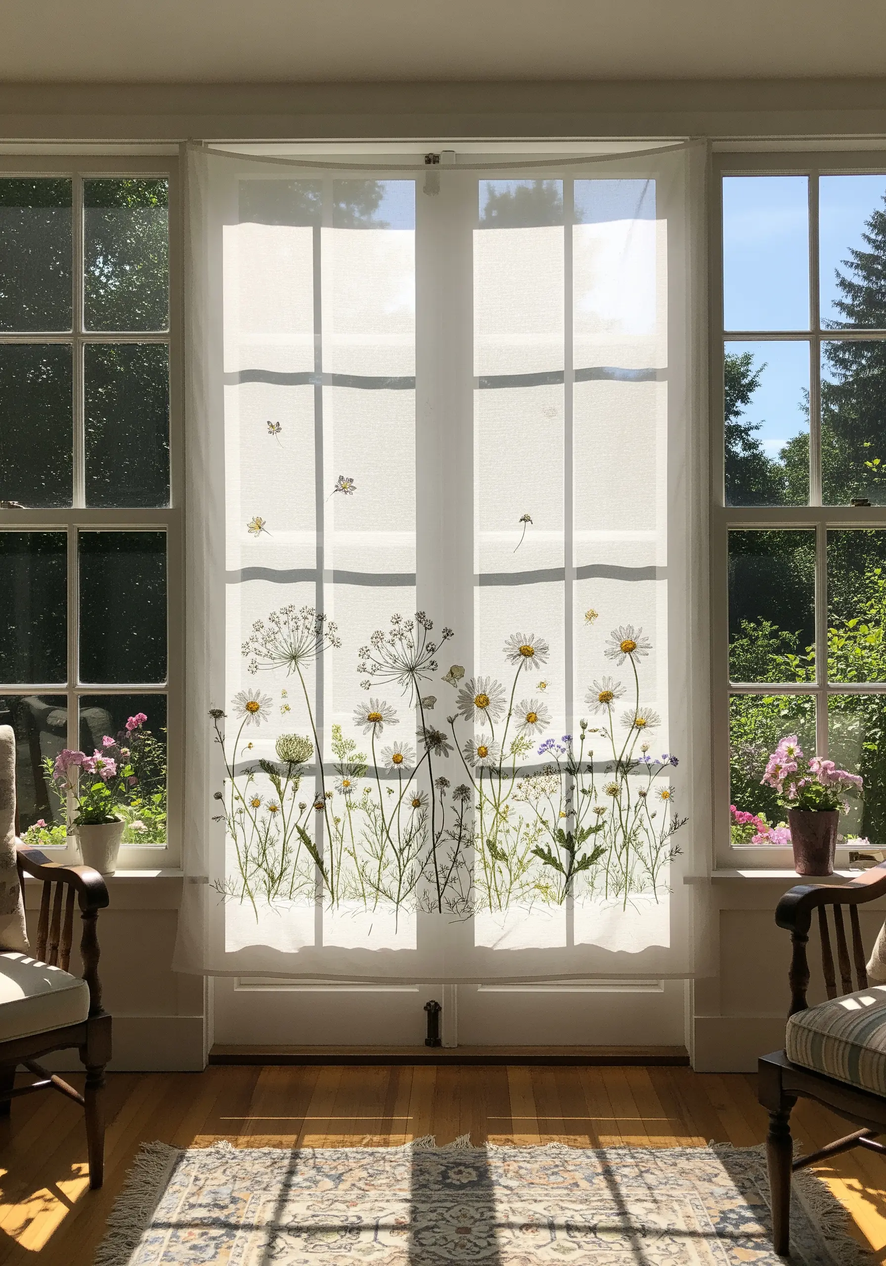 A sheer white window curtain embroidered with a border of delicate wildflowers.