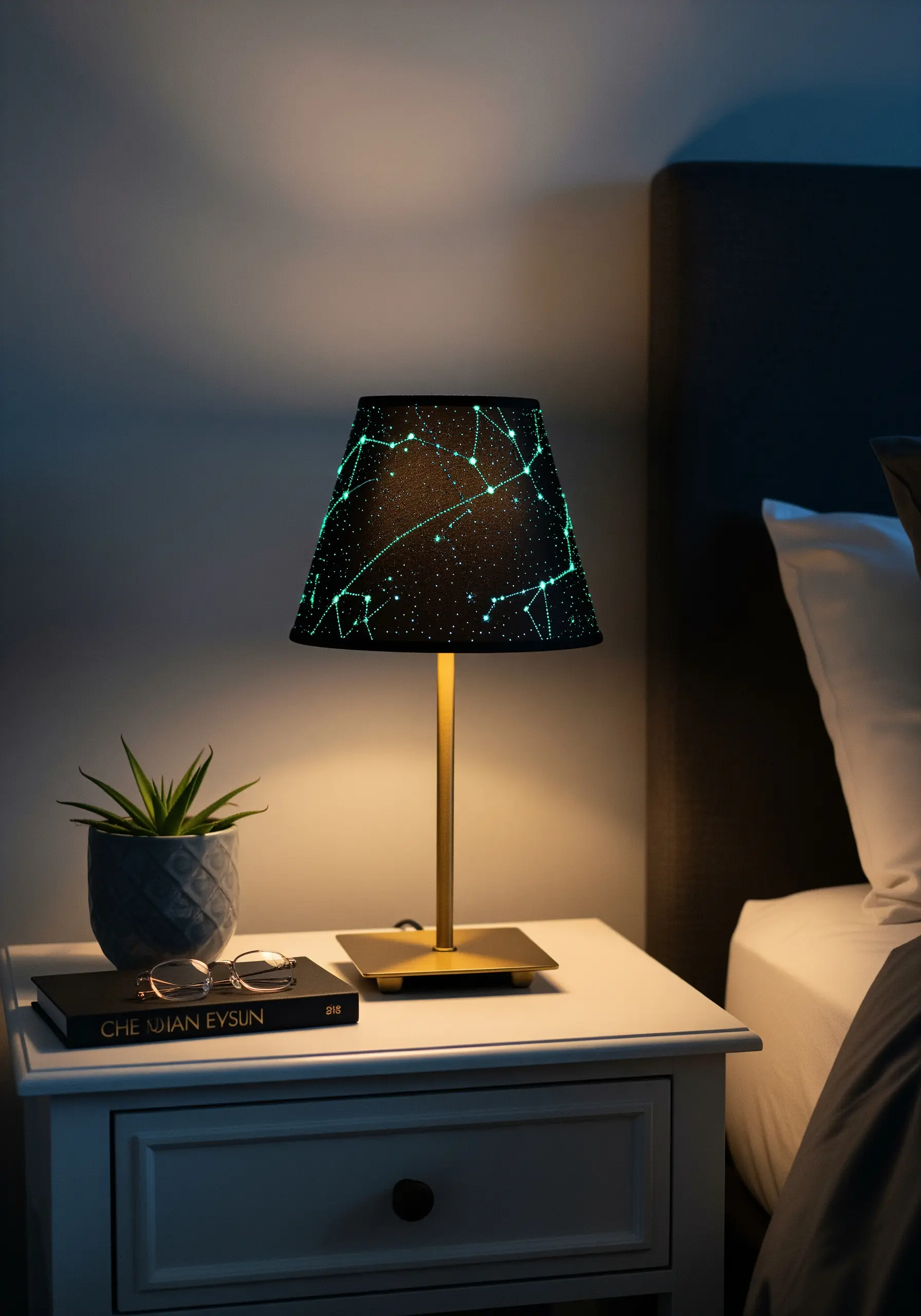 Glow-in-the-dark constellation embroidery on a black lampshade.
