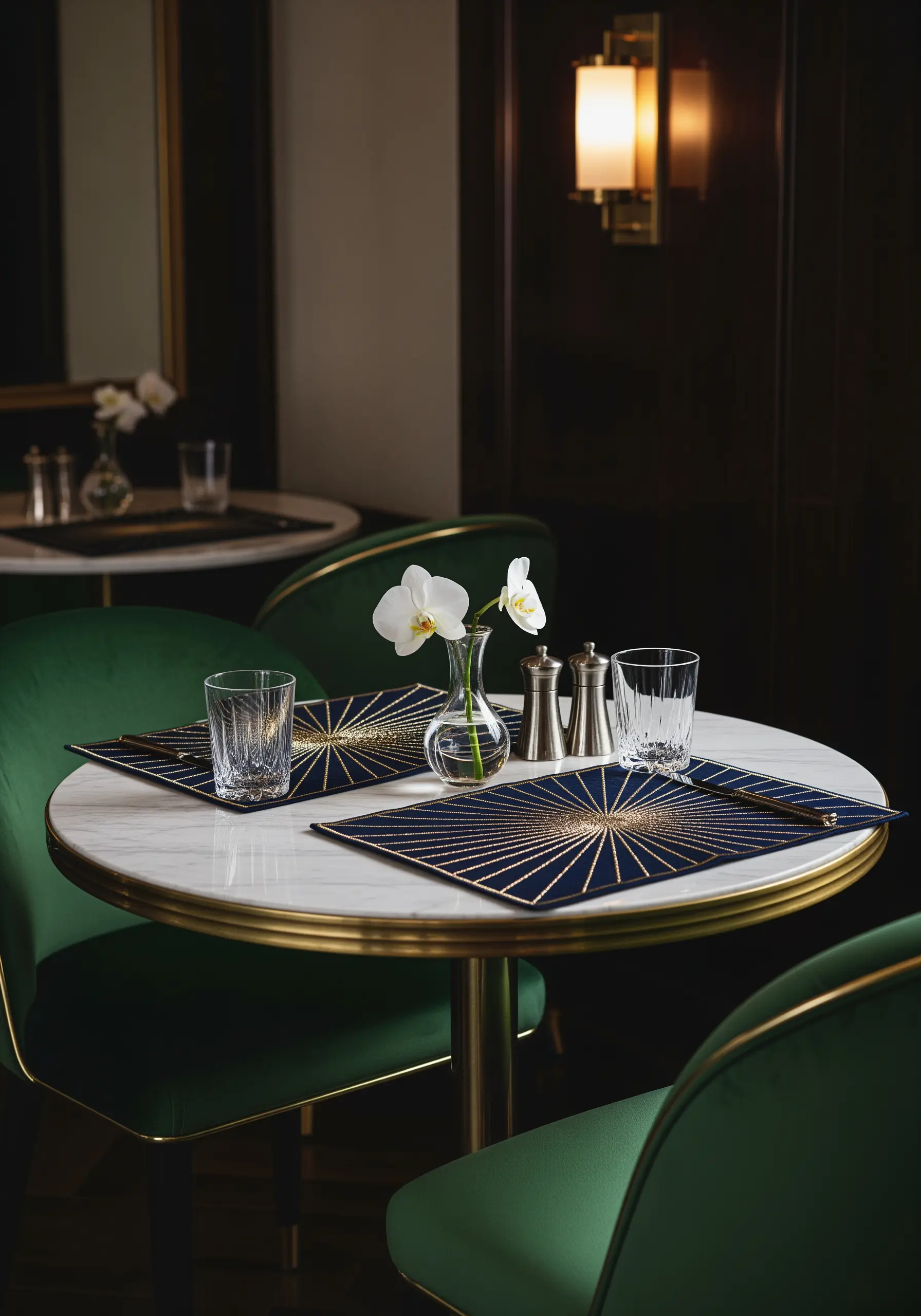 Art Deco sunburst pattern embroidered with gold metallic thread on navy placemats