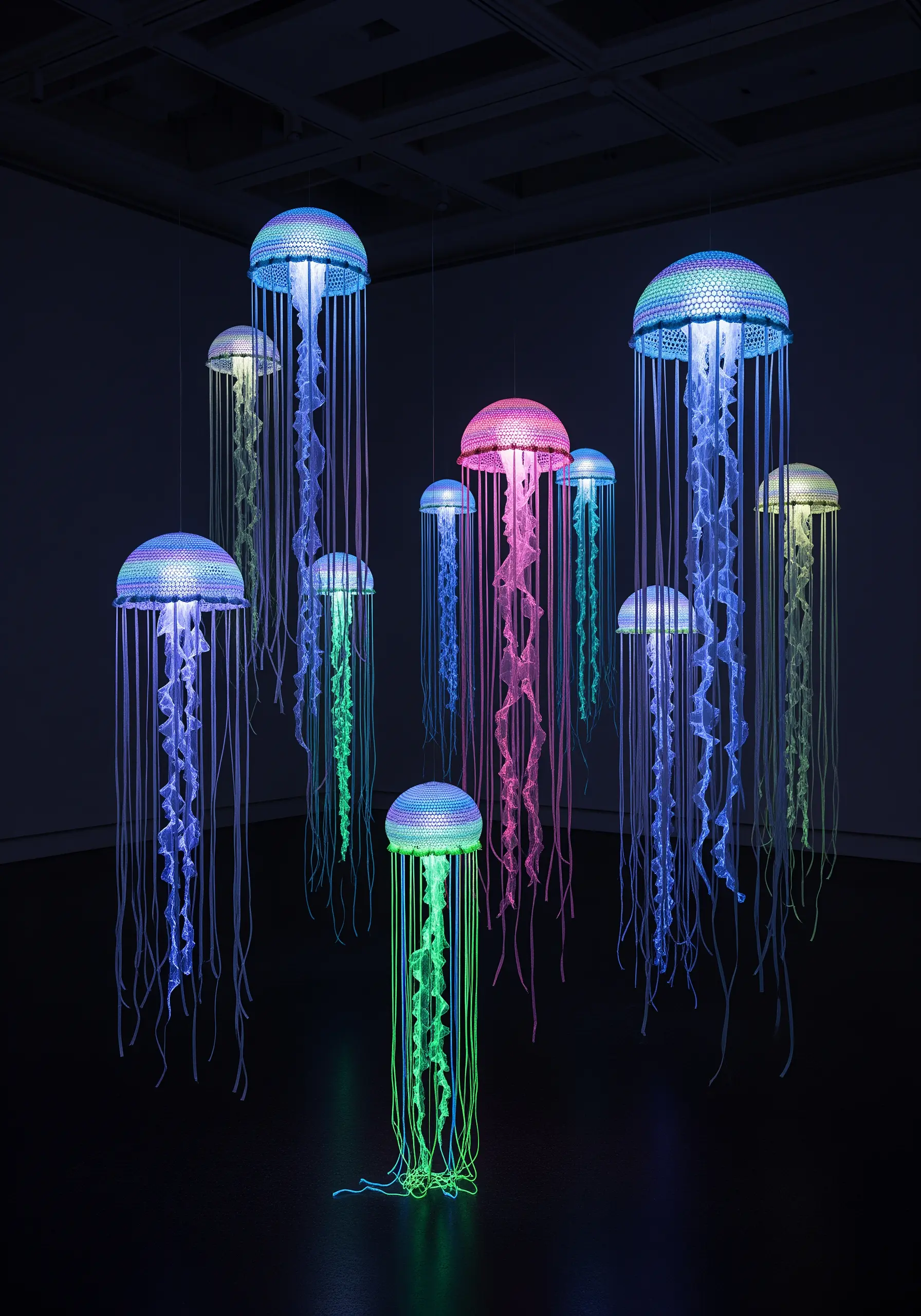 An installation of glowing jellyfish made from thread and light, hanging in a dark room.