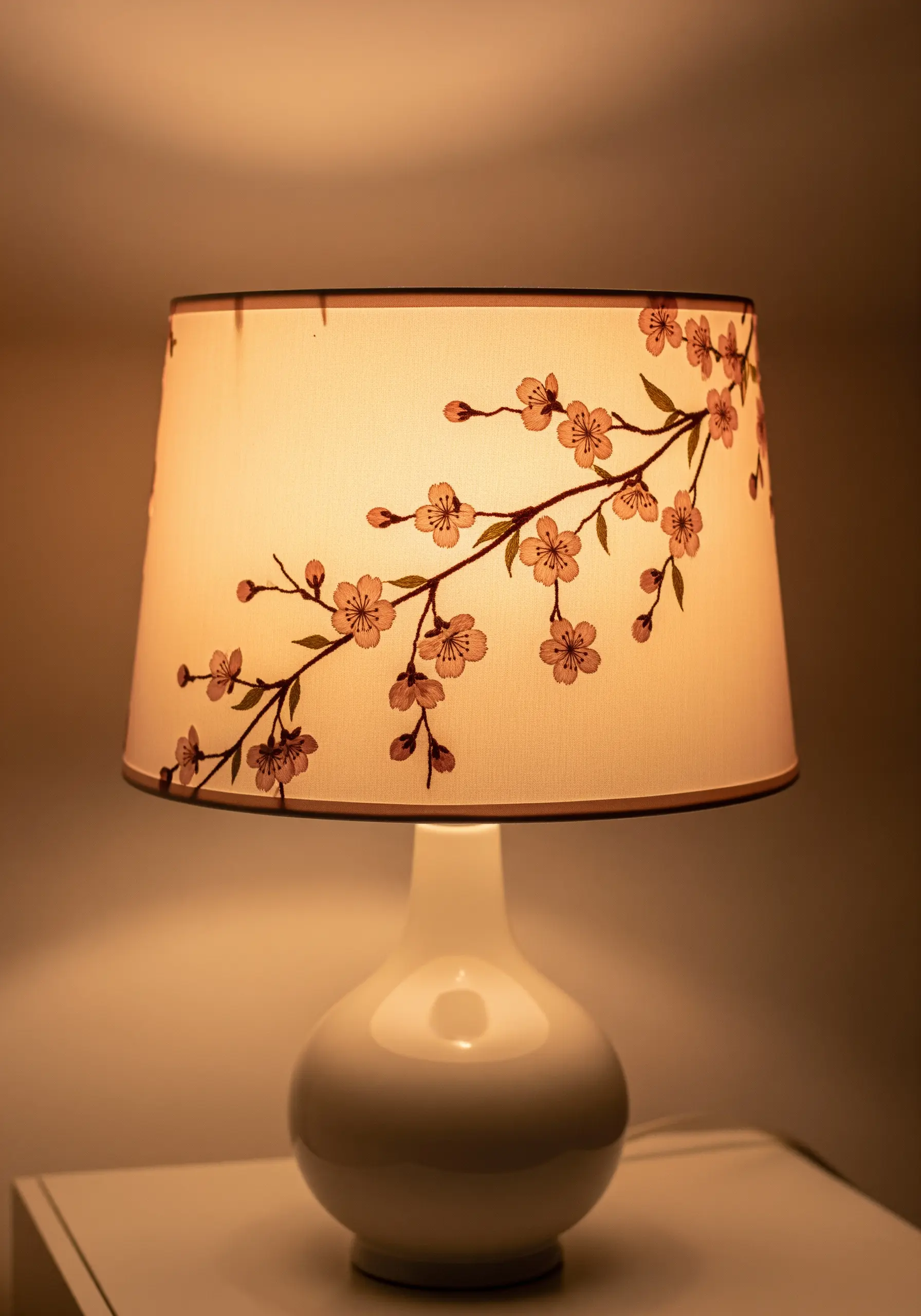 A white table lamp with a lampshade embroidered with a branch of cherry blossoms.