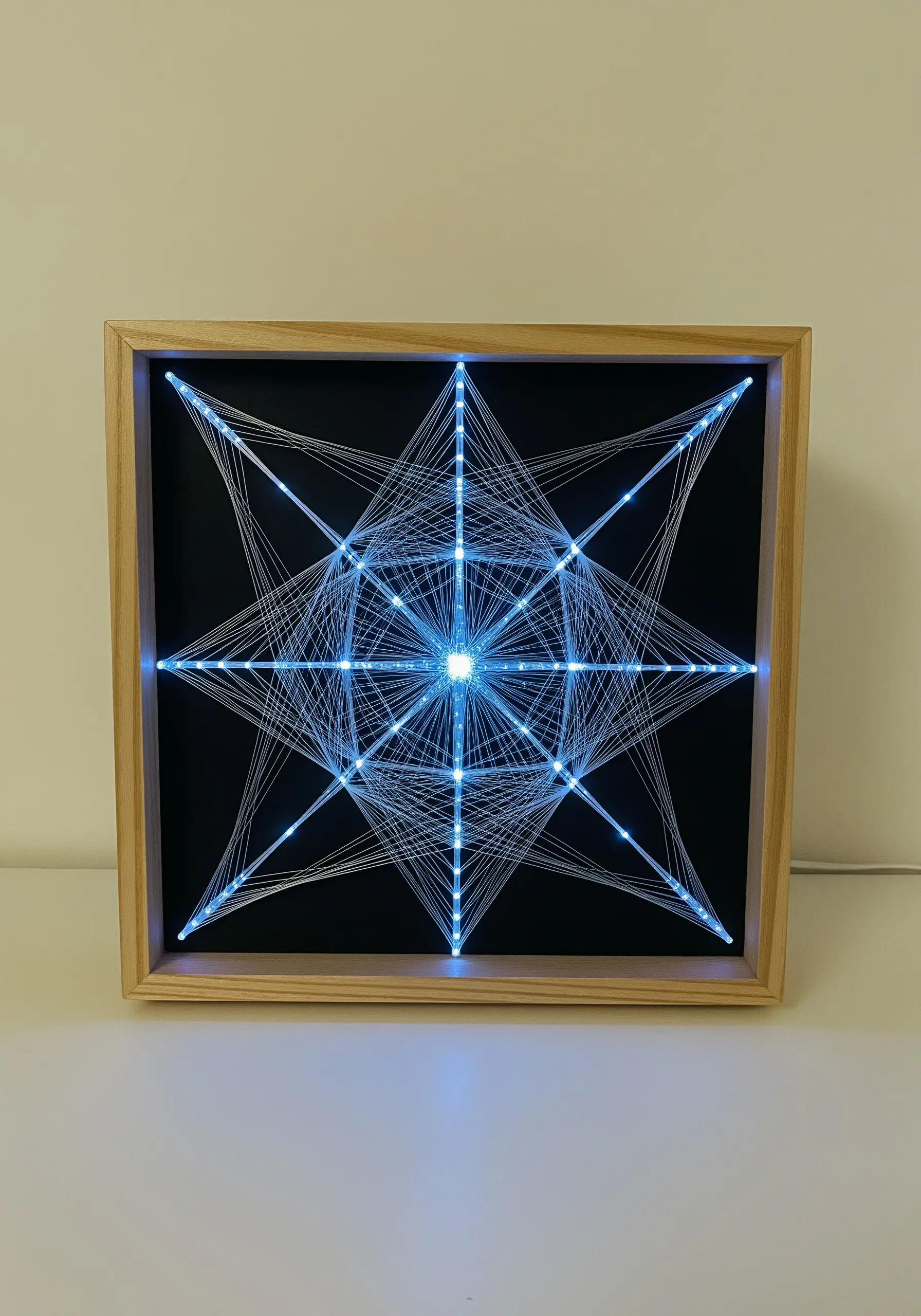 Geometric string art in a wooden frame, with bright blue LED lights illuminating the threads from behind.