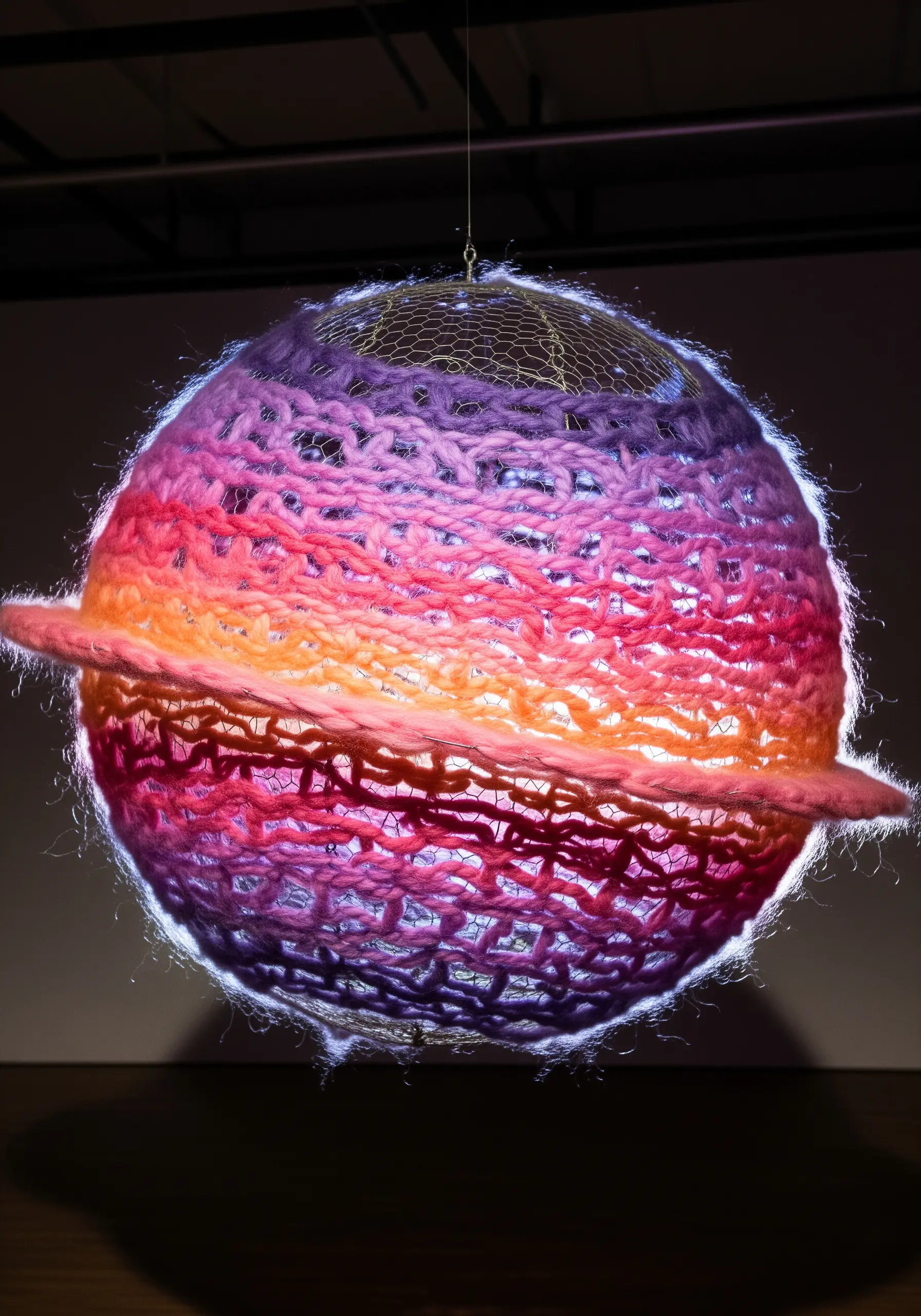 Glowing purple and orange yarn wrapped wire globe