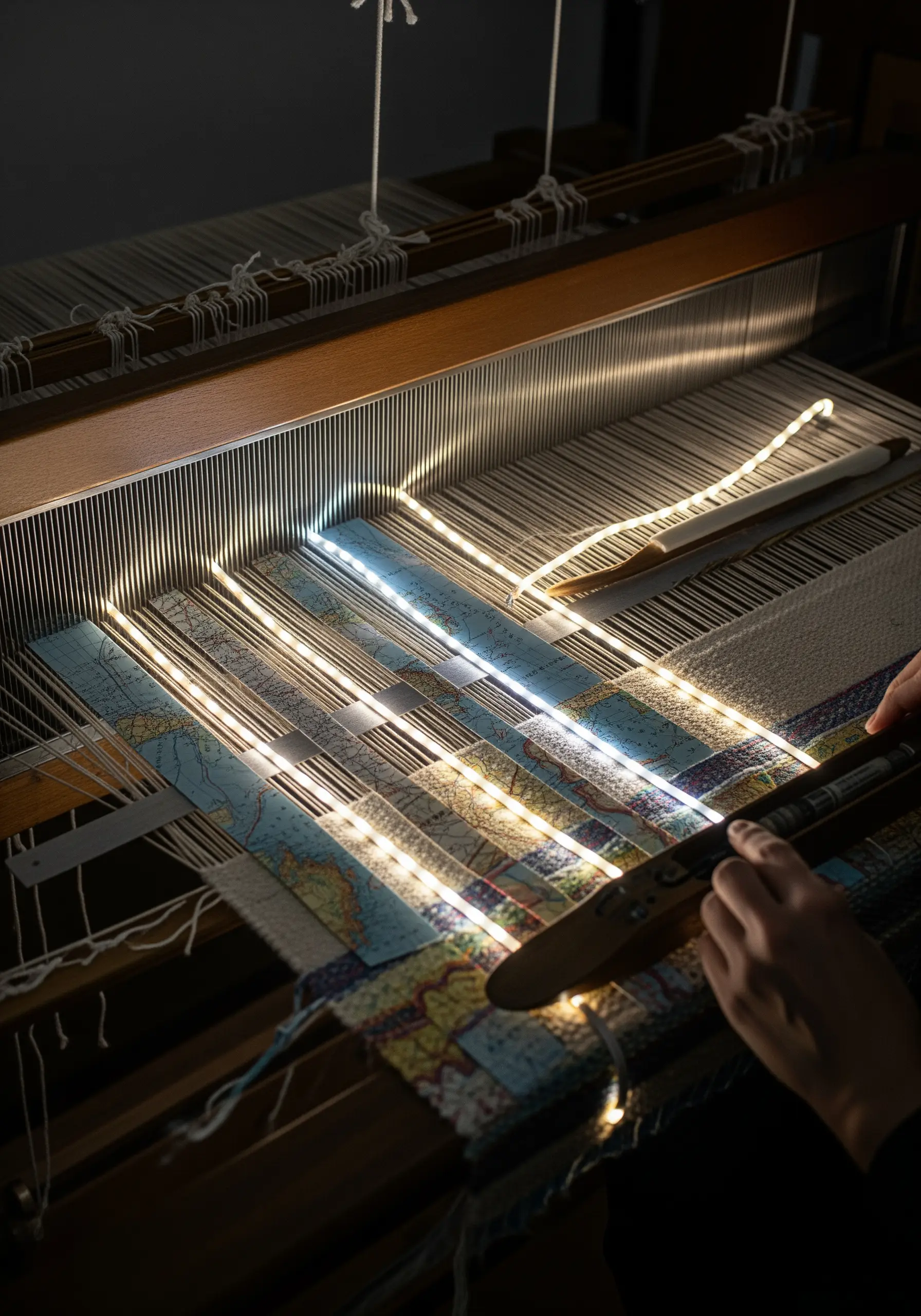 Weaving loom with LED light strips integrated into the fabric