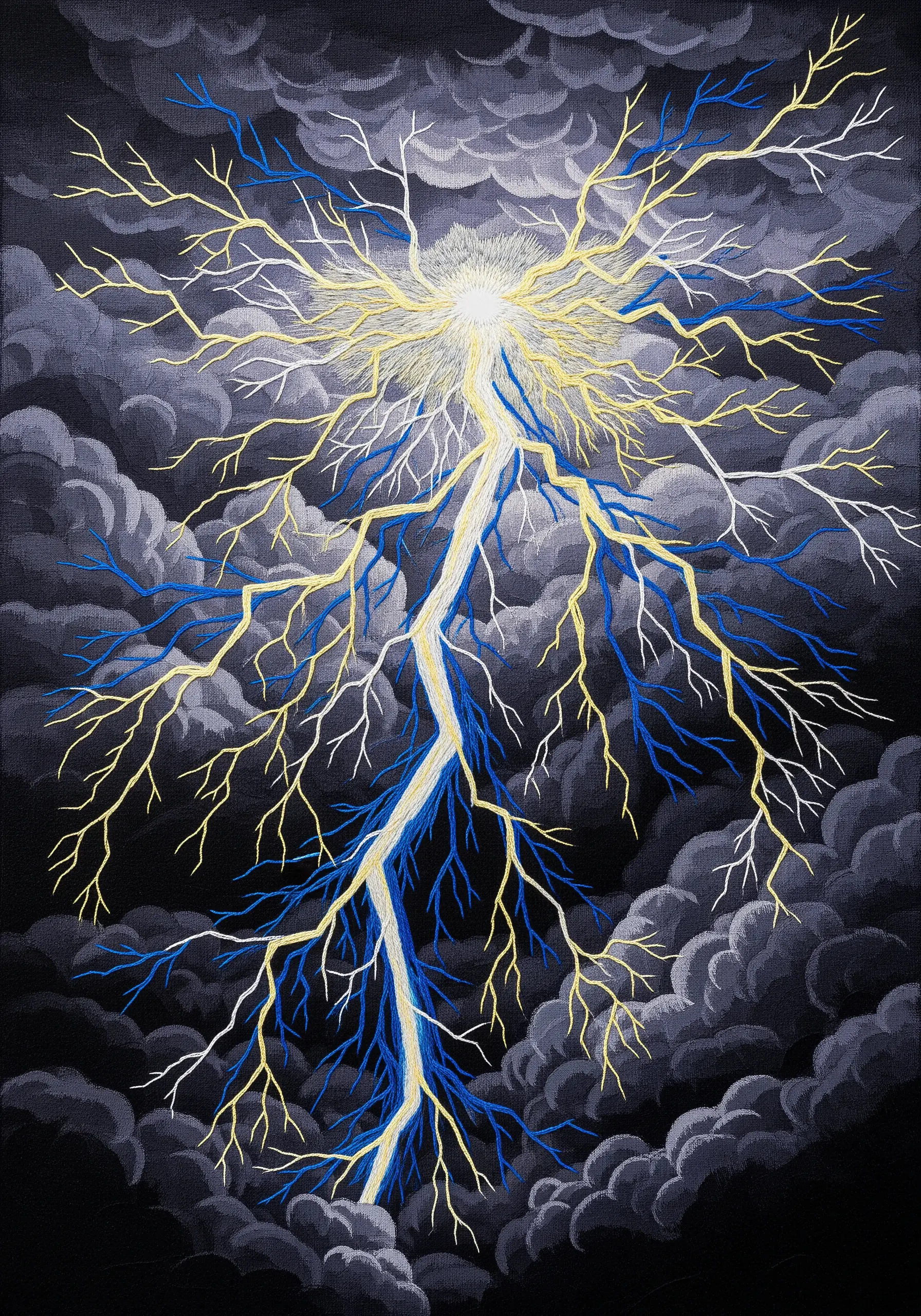 A dramatic lightning strike embroidered against dark, swirling storm clouds.