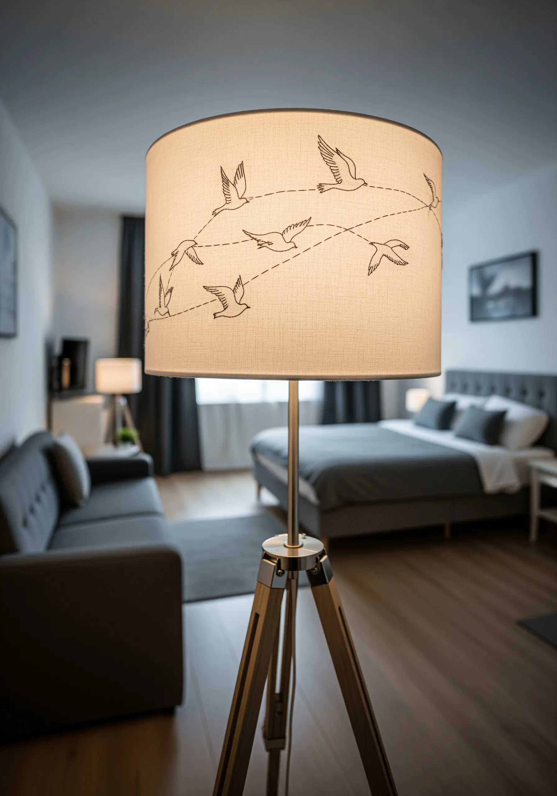 A fabric lampshade decorated with black embroidery of birds in flight, with their paths crossing.