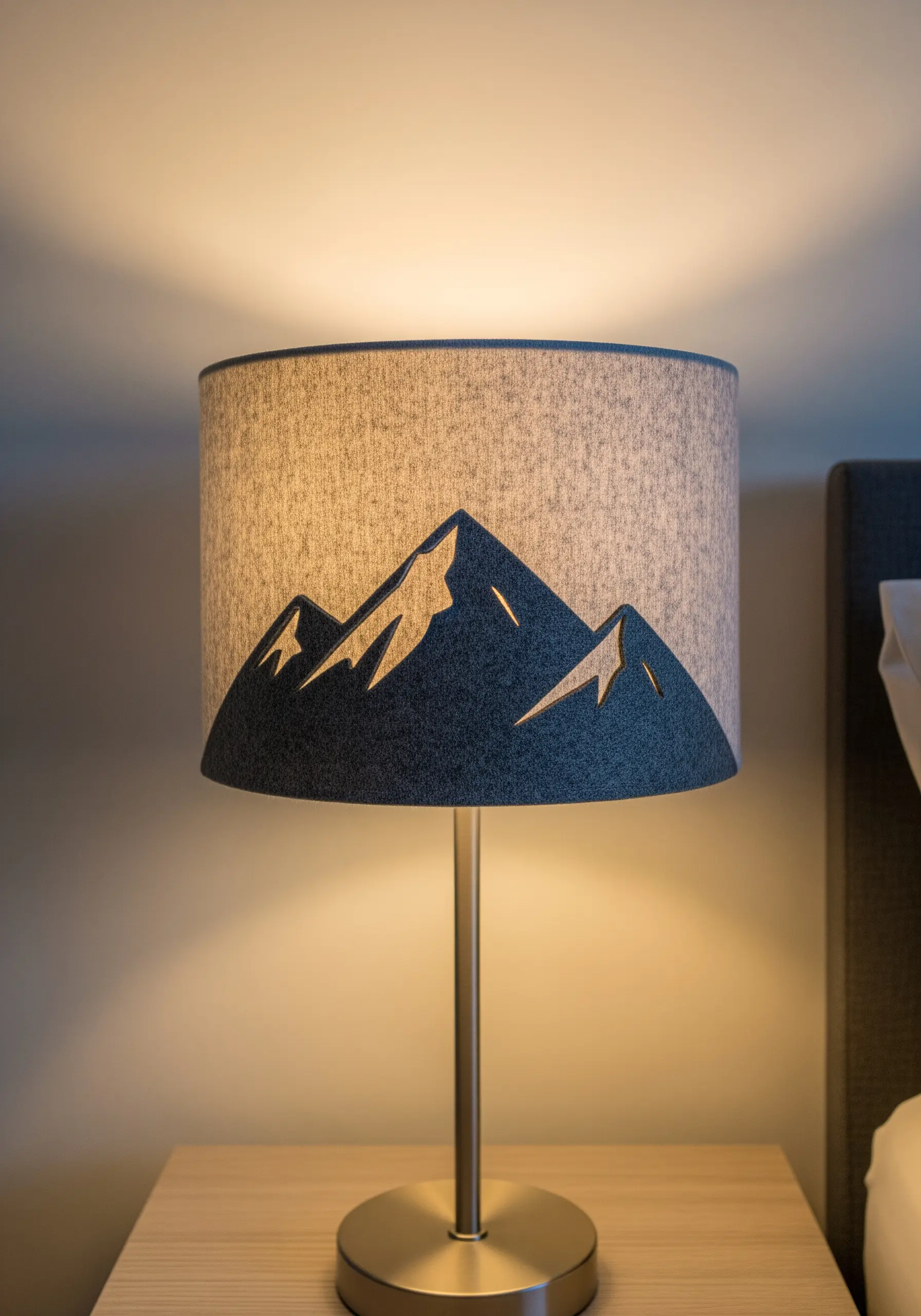 A gray fabric lampshade decorated with a dark blue felt mountain silhouette.