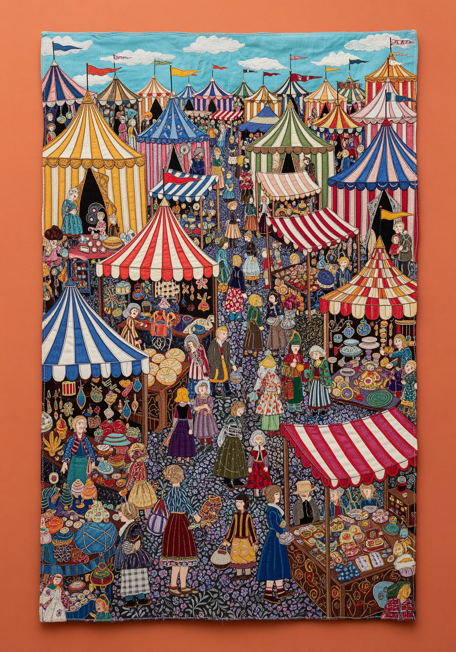A dense, detailed fabric collage of a bustling medieval market scene.
