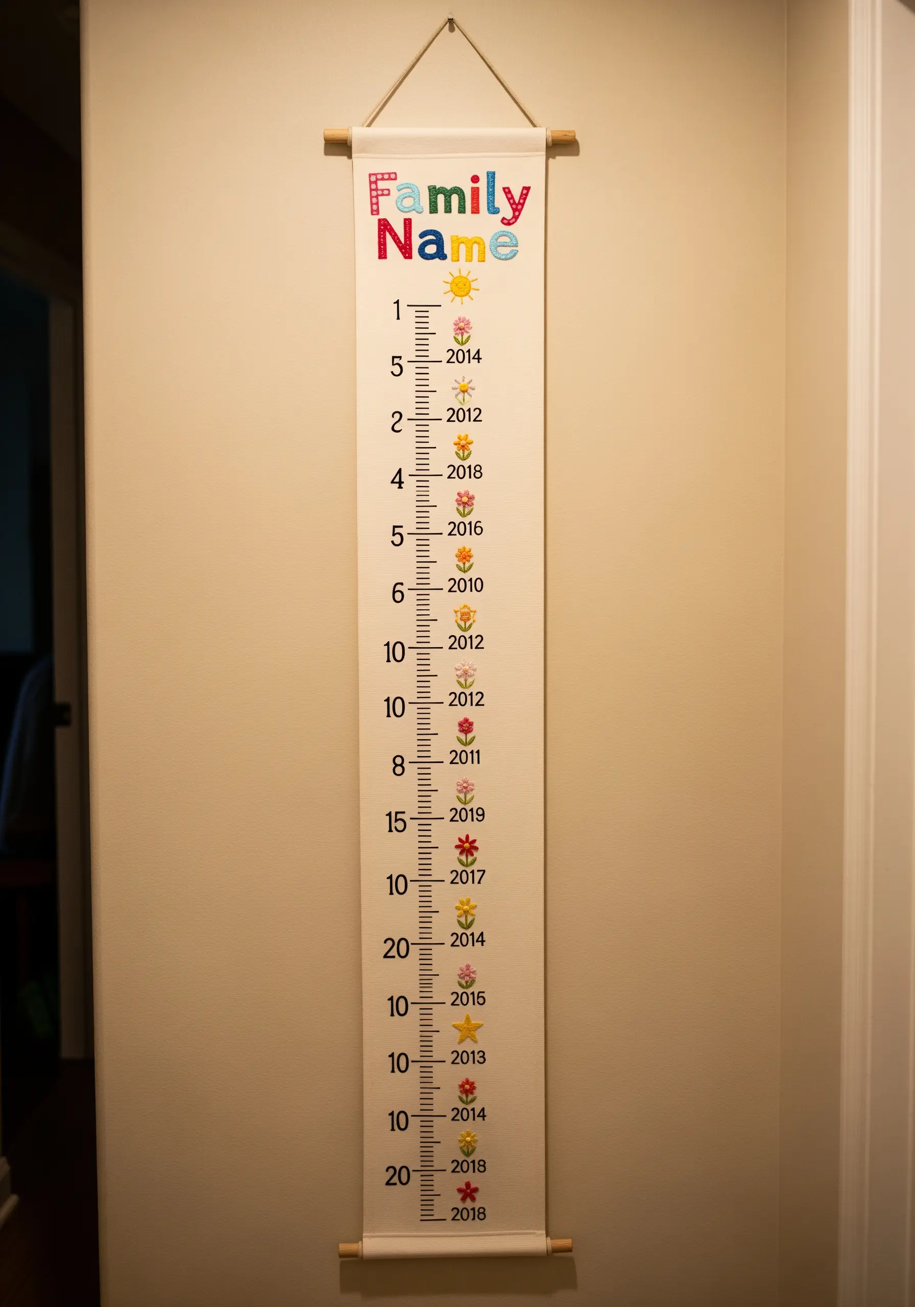 Embroidered family growth chart with names, dates, and small floral icons.