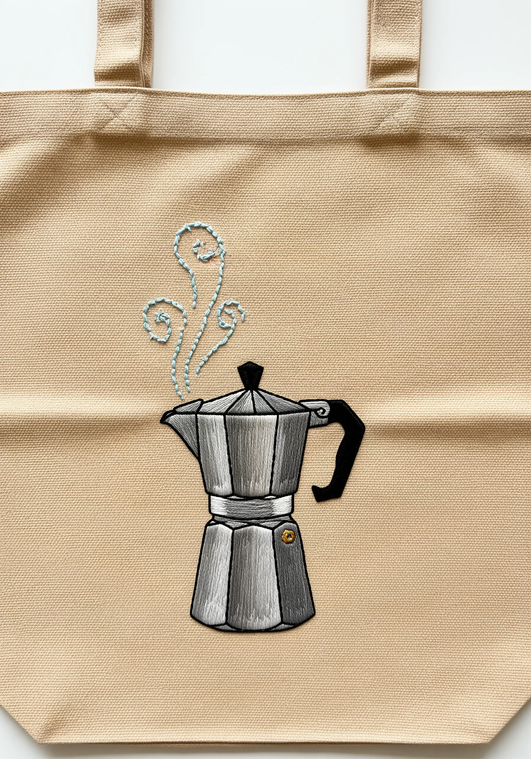Embroidered Moka pot with metallic-effect stitching and delicate blue steam swirls.