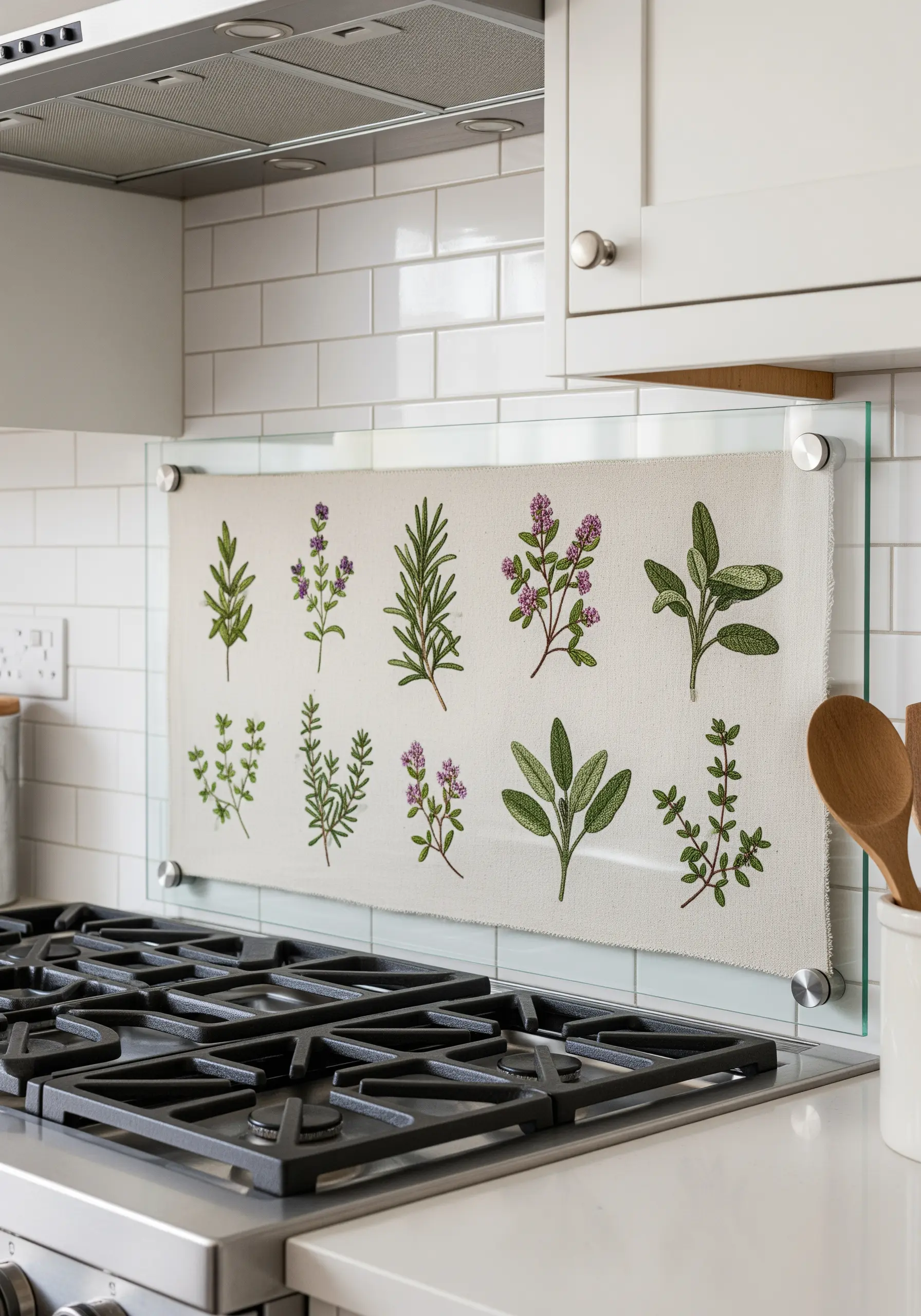 A grid of delicately embroidered herbs, like rosemary and lavender, on fabric behind a stovetop