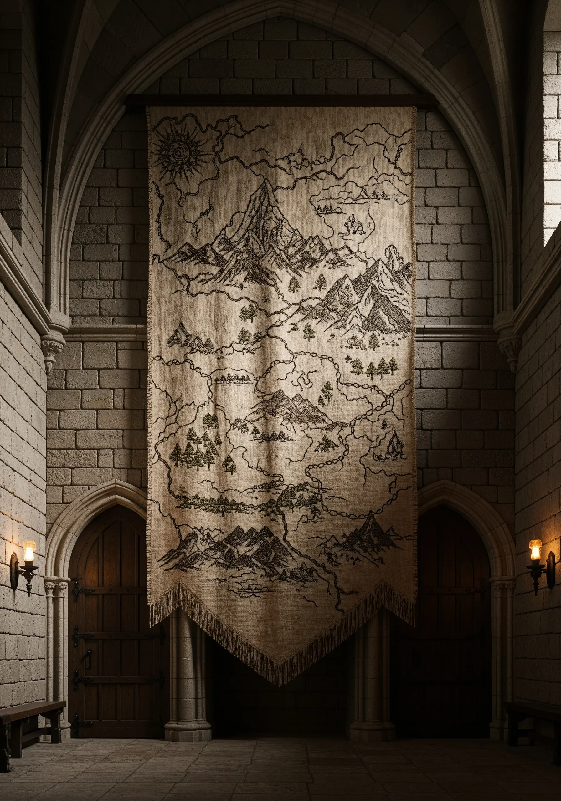 A large embroidered fantasy map with mountains and forests on a beige linen banner.