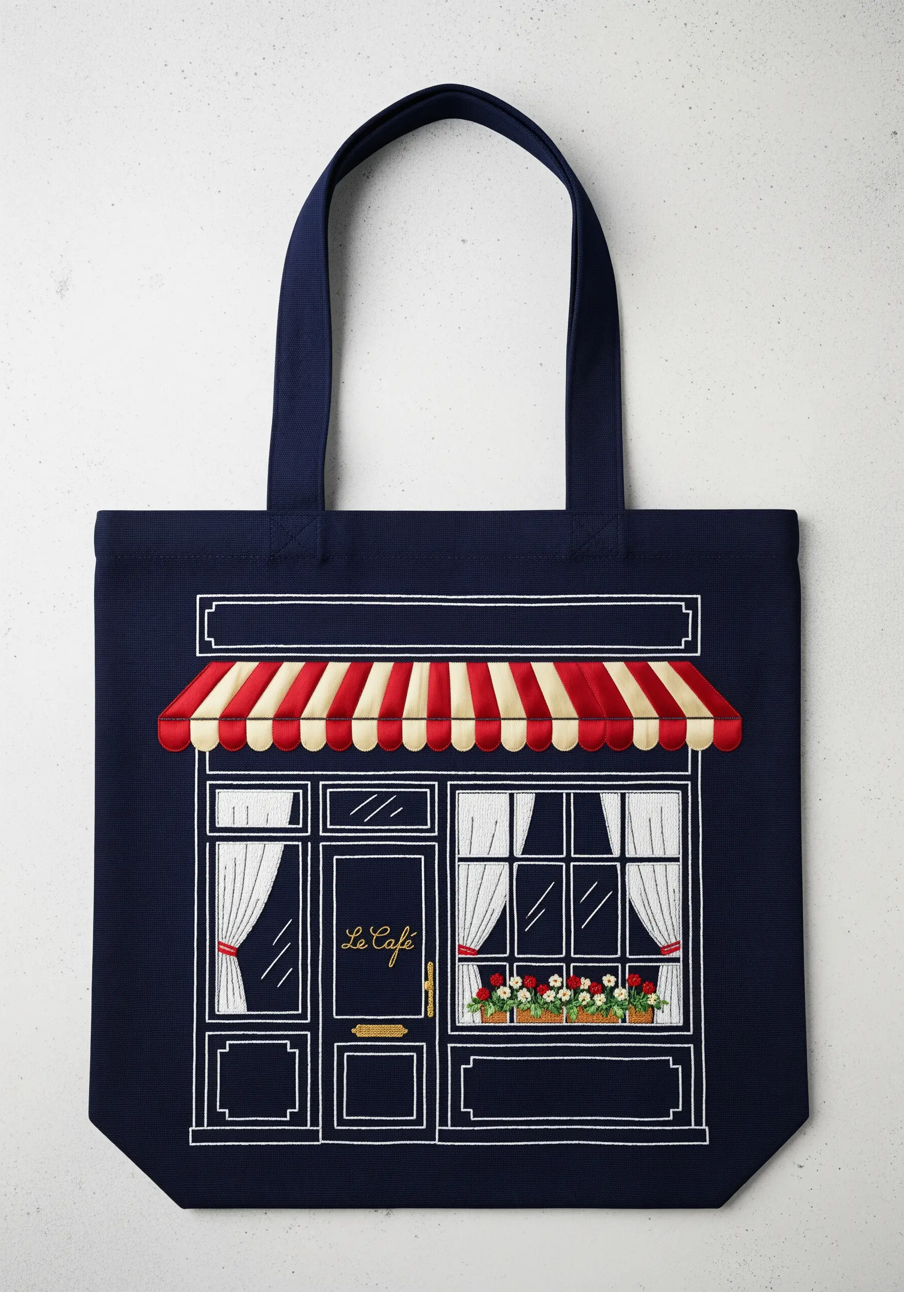 Embroidery of a charming café storefront with a red and white striped awning.