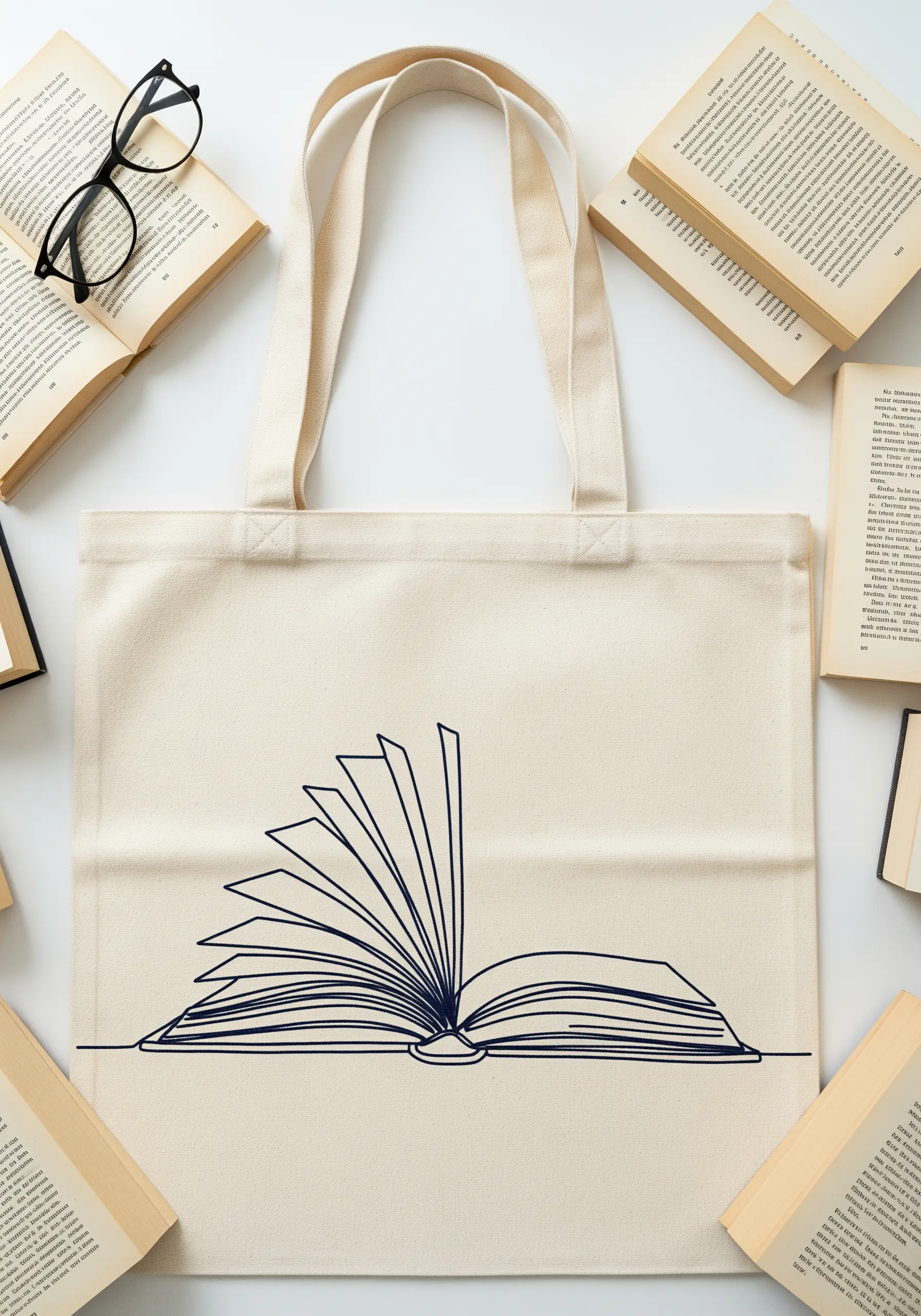An open book with fluttering pages embroidered in a continuous line on a canvas tote.
