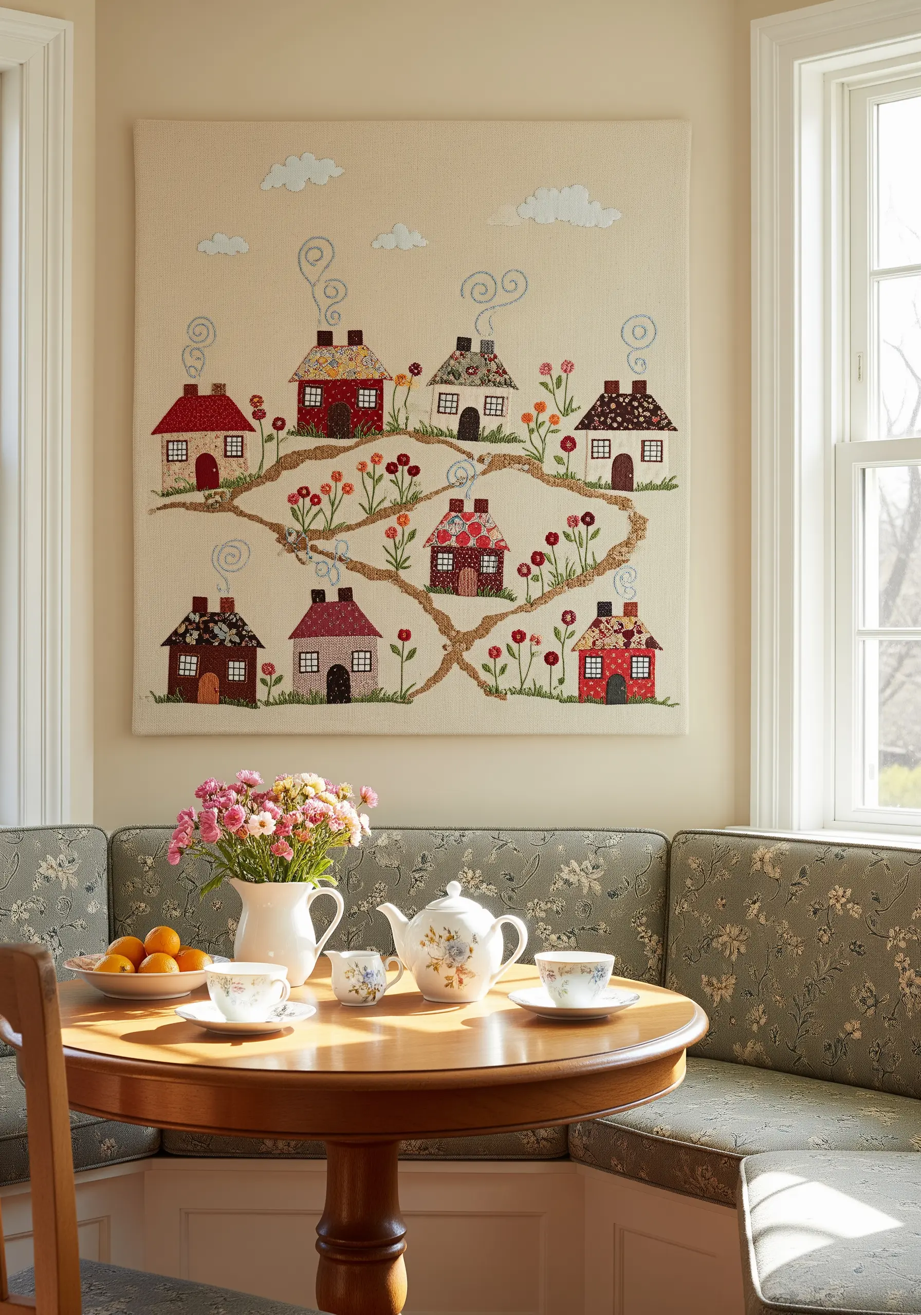A large fabric wall hanging of a village scene with appliqué houses.