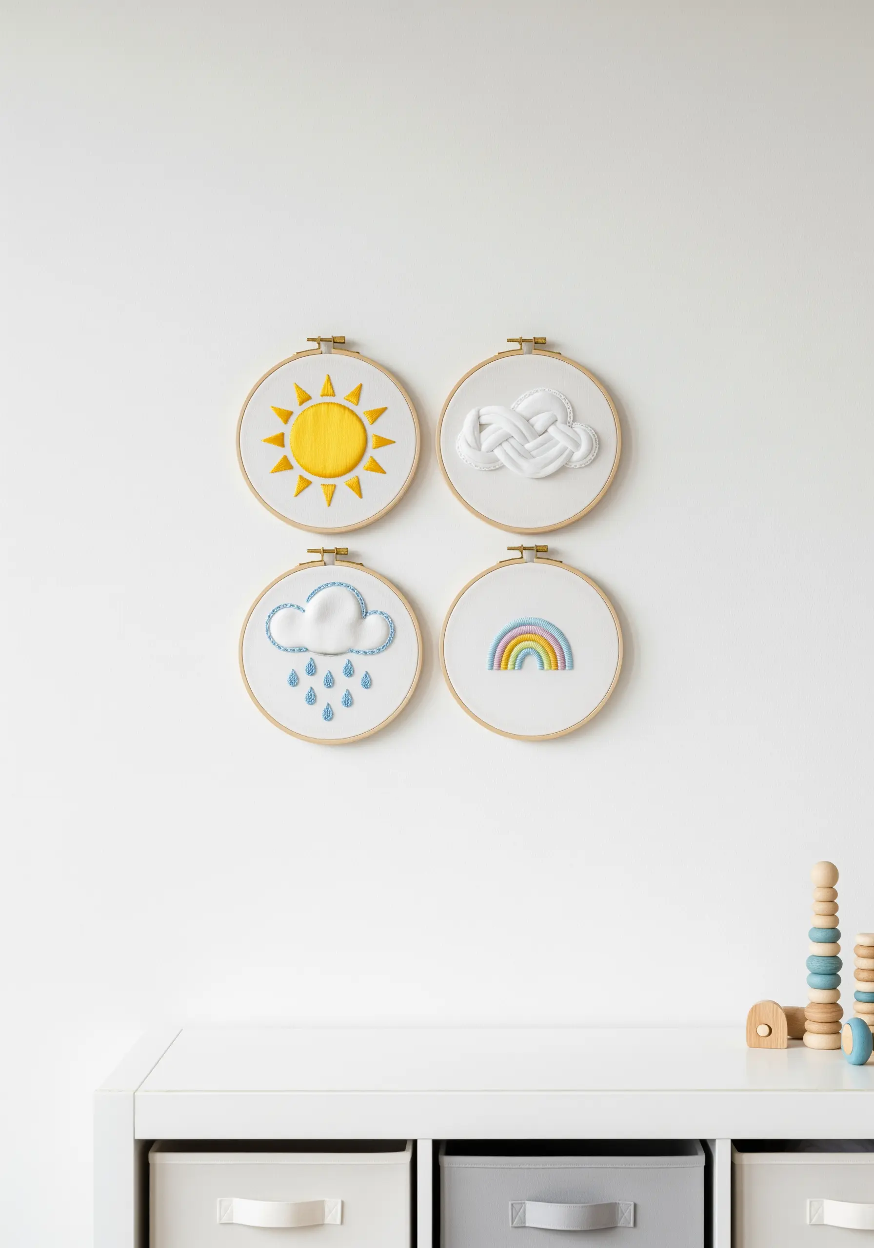 Four small embroidery hoops displaying weather symbols: sun, cloud, rain, and rainbow.