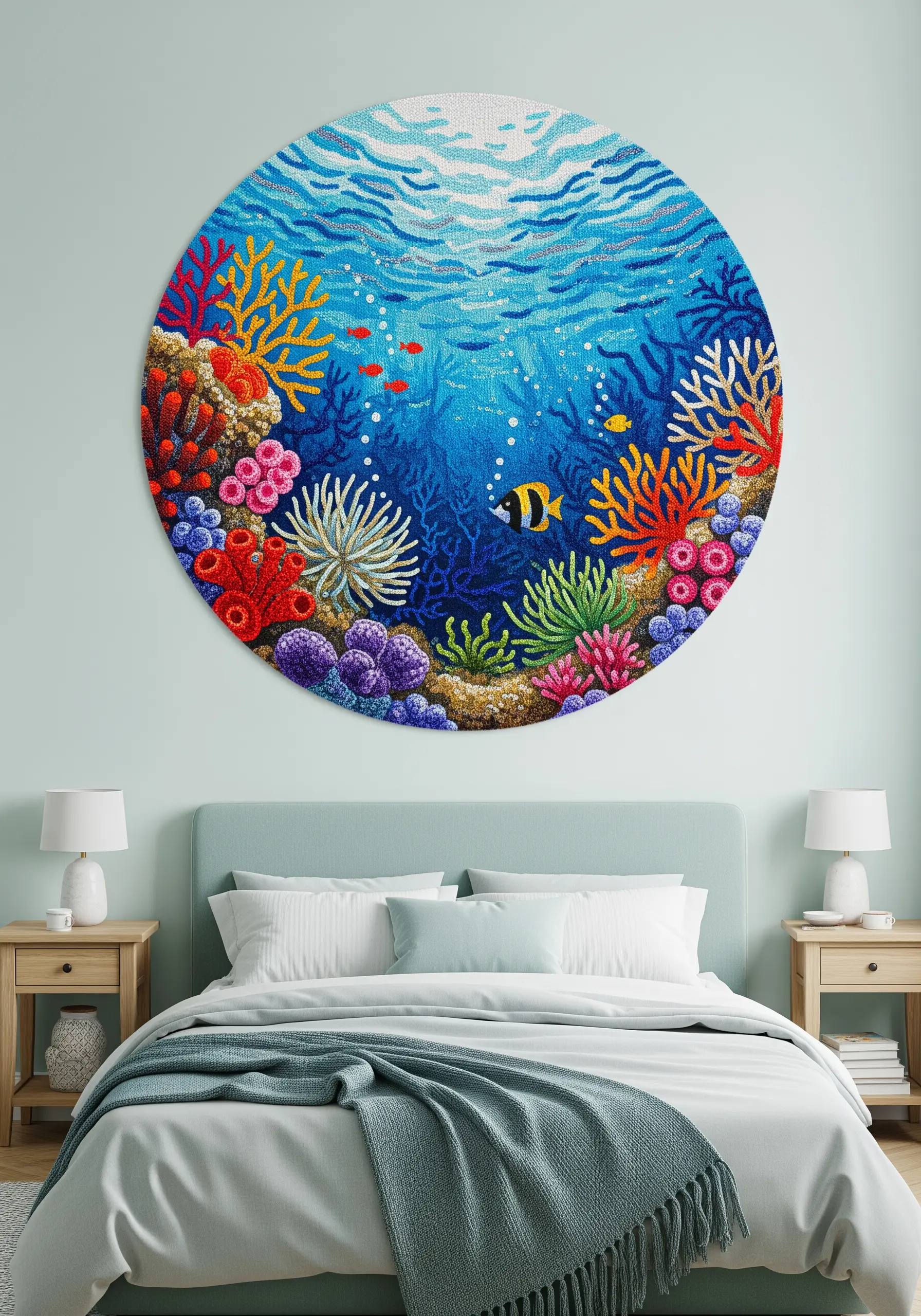 A large, circular embroidery of a vibrant coral reef with colorful fish and textures.