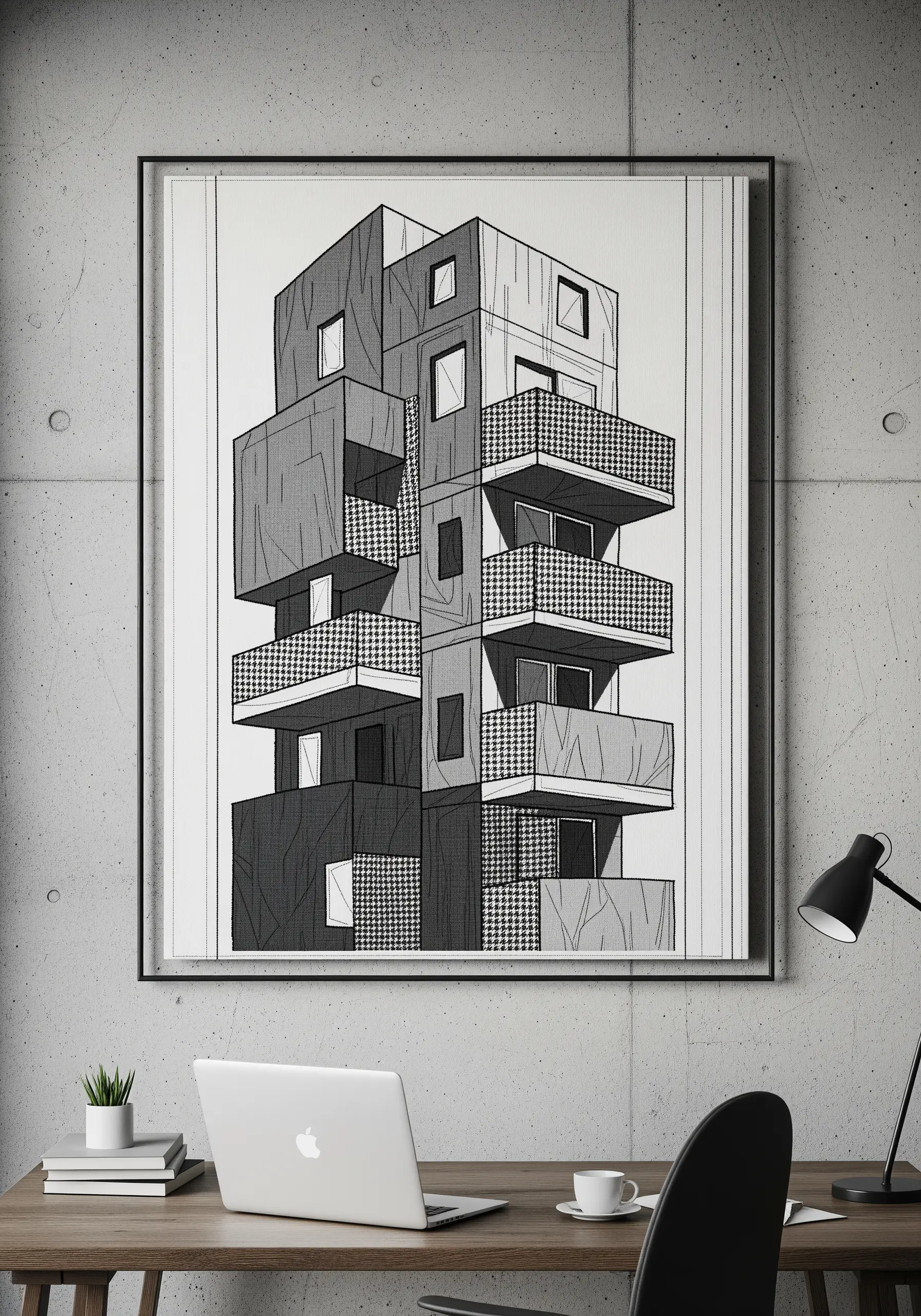 Black and white architectural artwork using patterned fabric scraps for texture and shading.