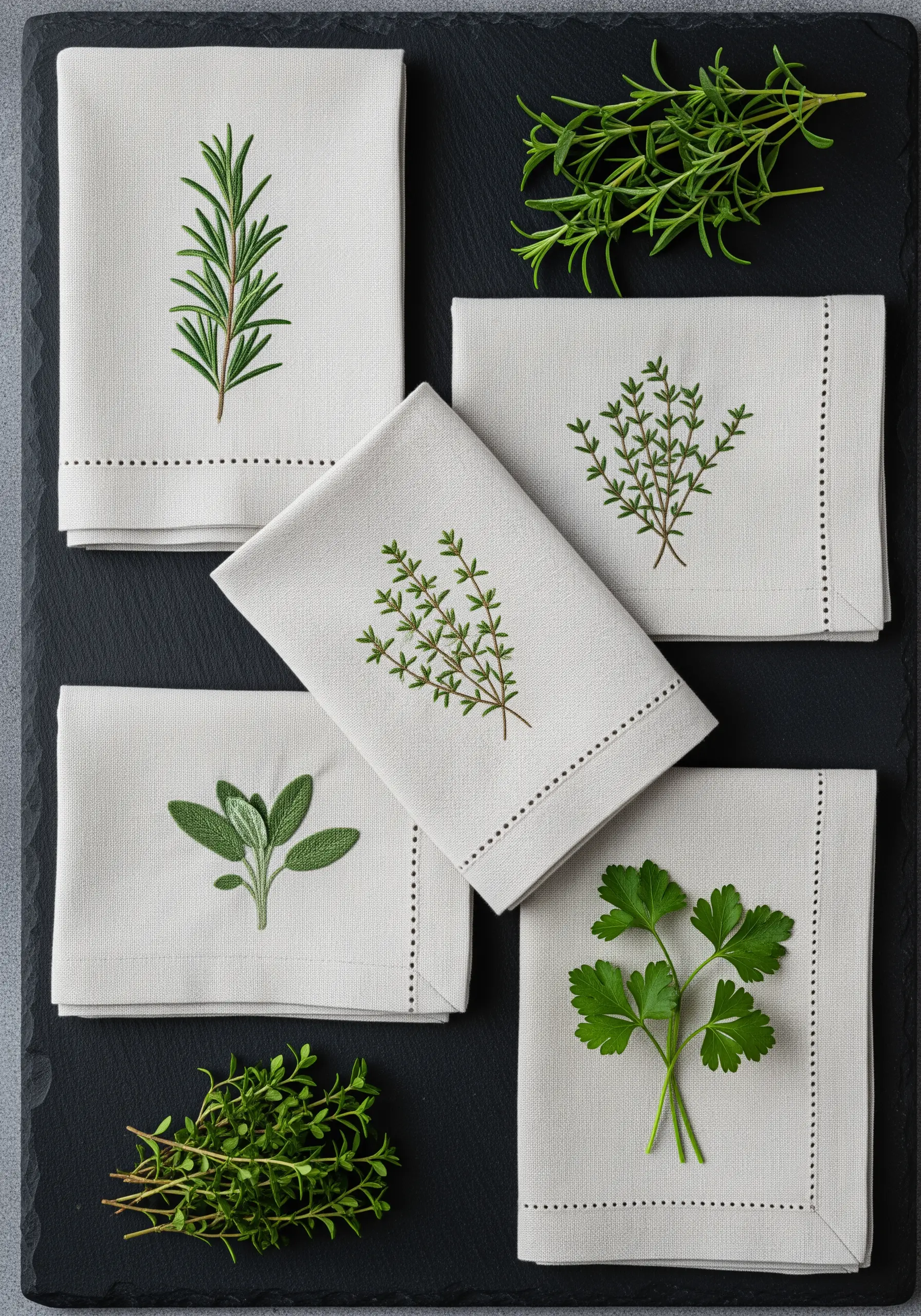 A set of four napkins, each embroidered with a different culinary herb: rosemary, thyme, sage, parsley.