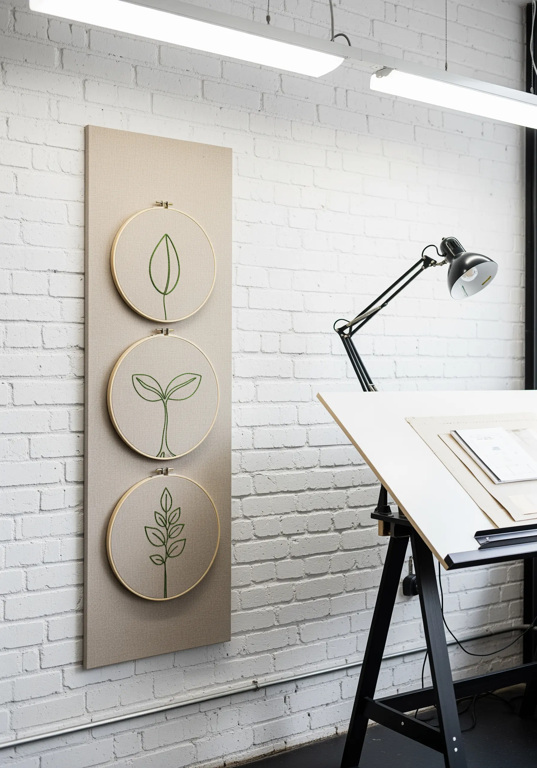 Three embroidery hoops mounted vertically, each showing a stage of plant growth in green thread.