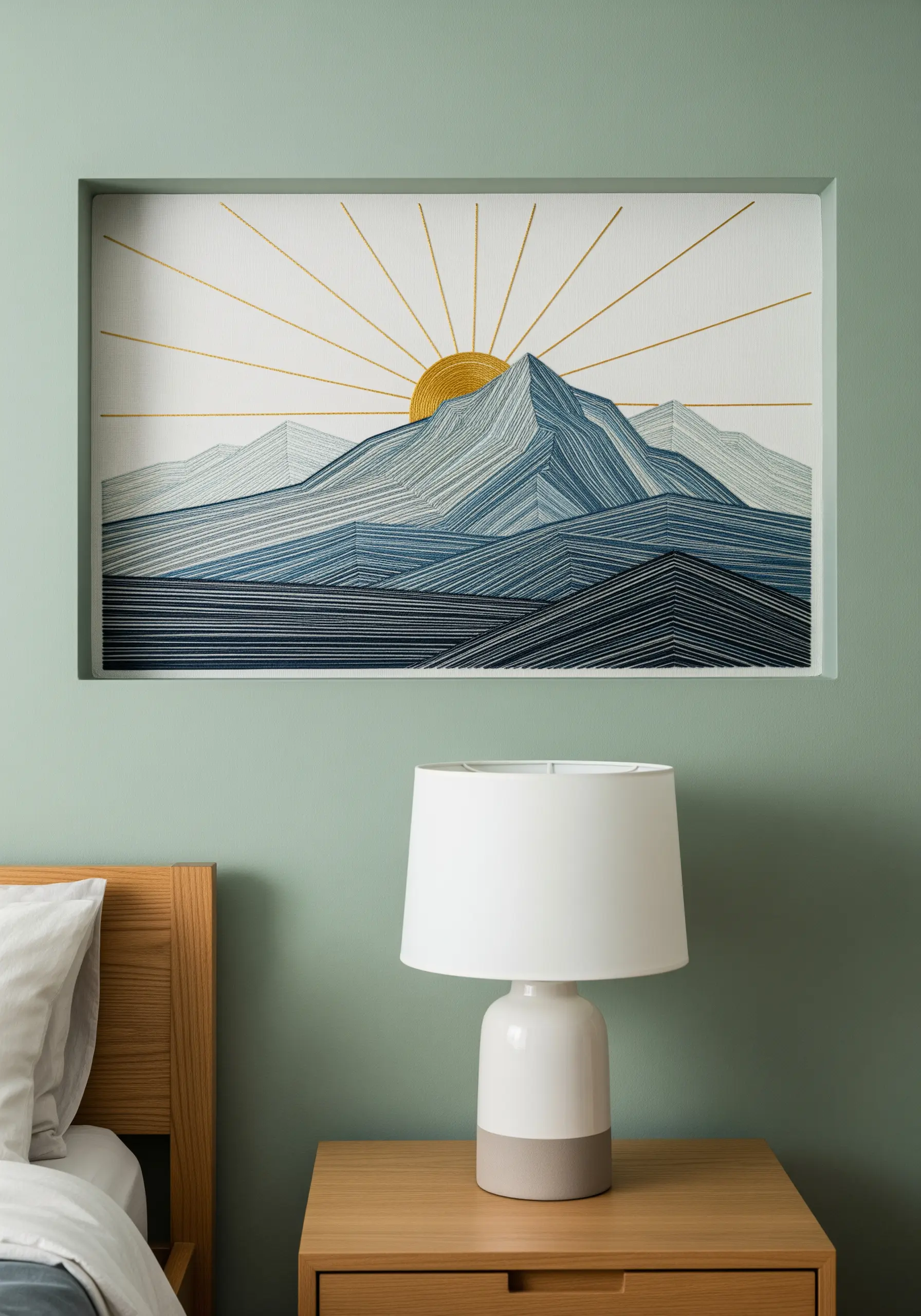 Minimalist mountain landscape made with straight stitches in shades of blue and a gold sun.