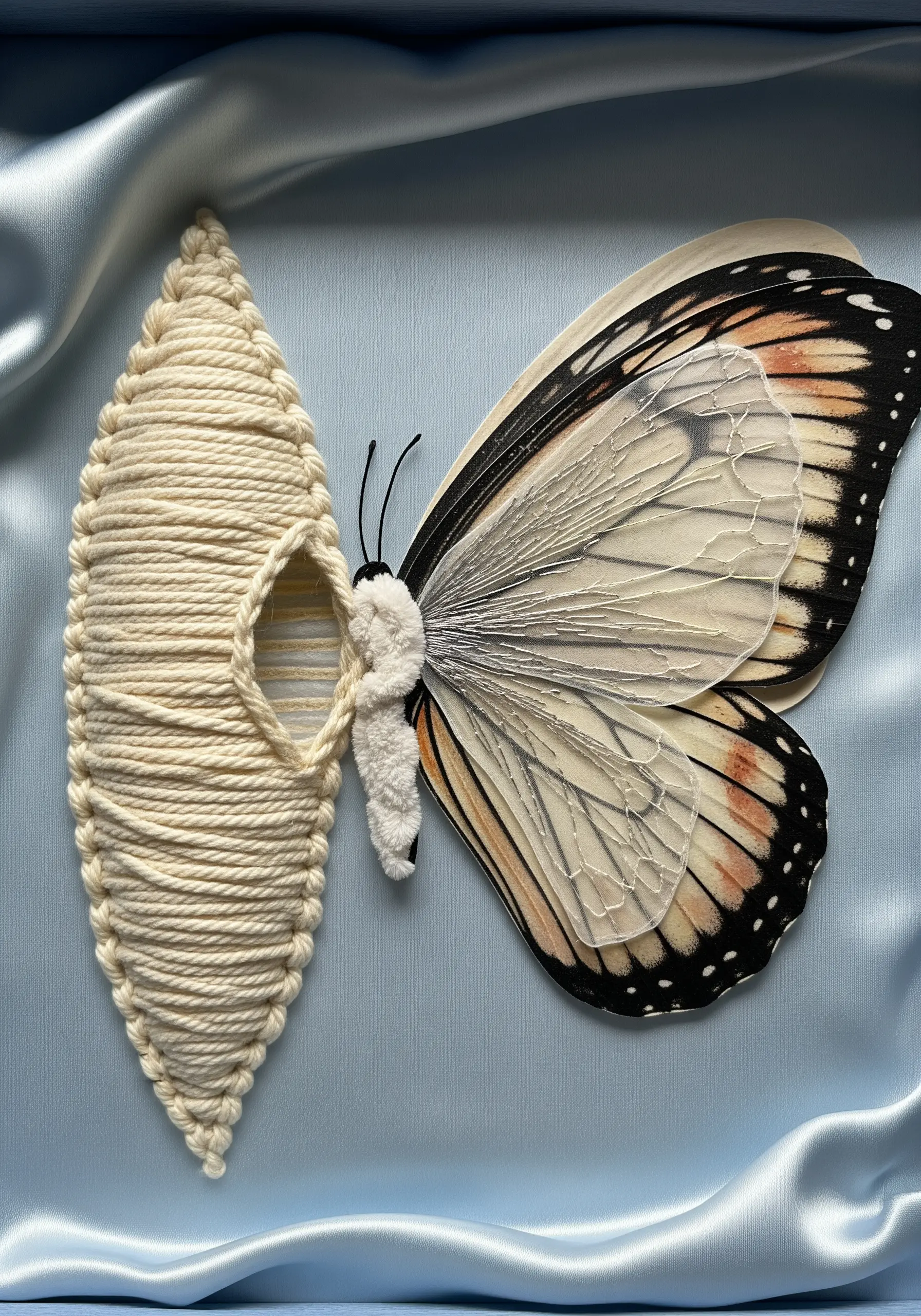 A mixed-media piece showing a woven yarn cocoon next to a delicate paper butterfly.
