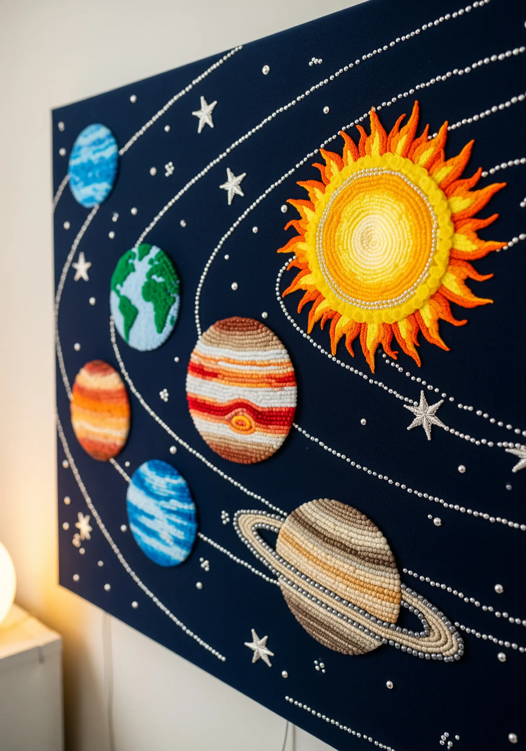 3D embroidered solar system on dark canvas with textured planets and beaded stars