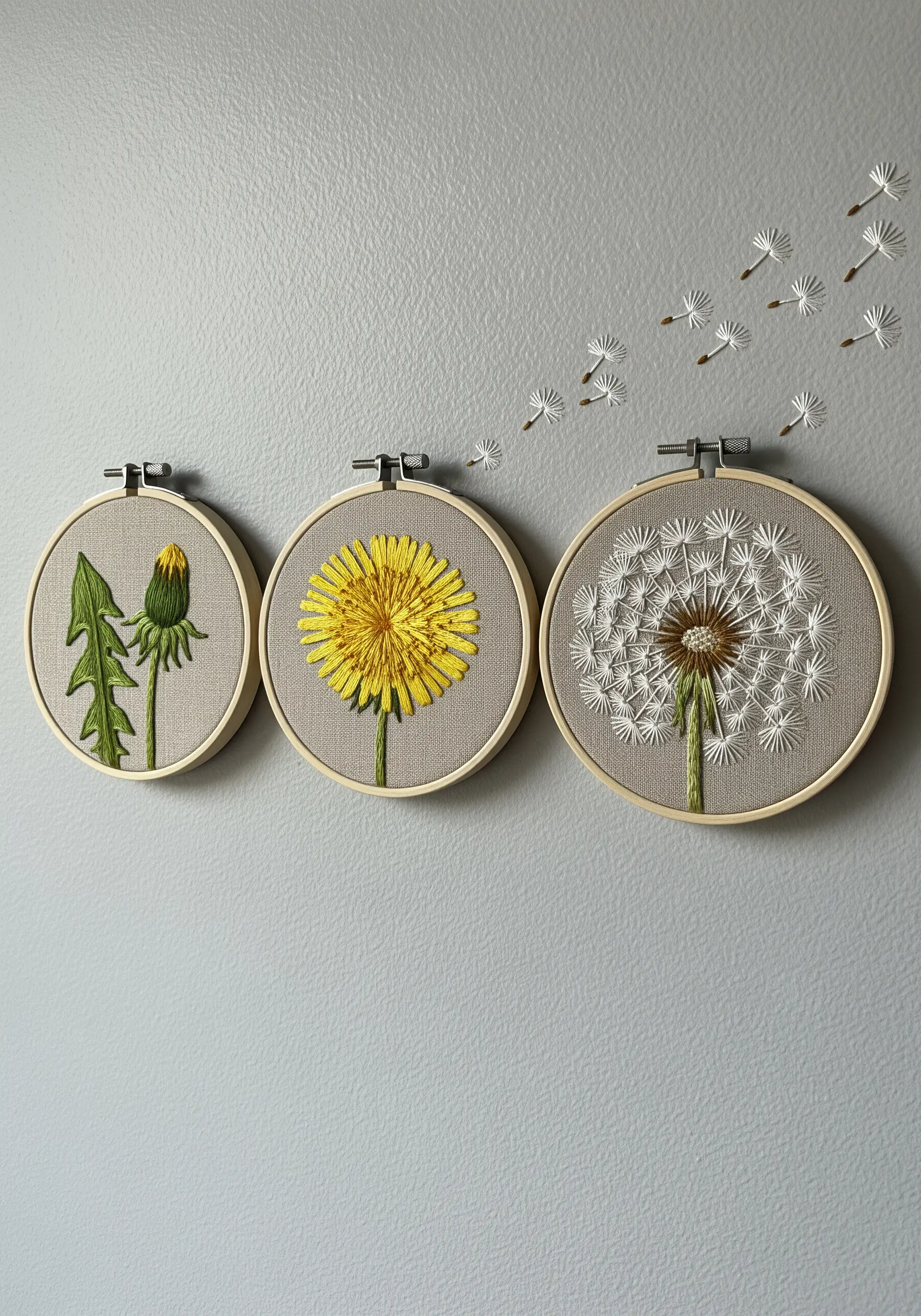 Triptych of a dandelion's life cycle, from bud to seed head with seeds blowing away.