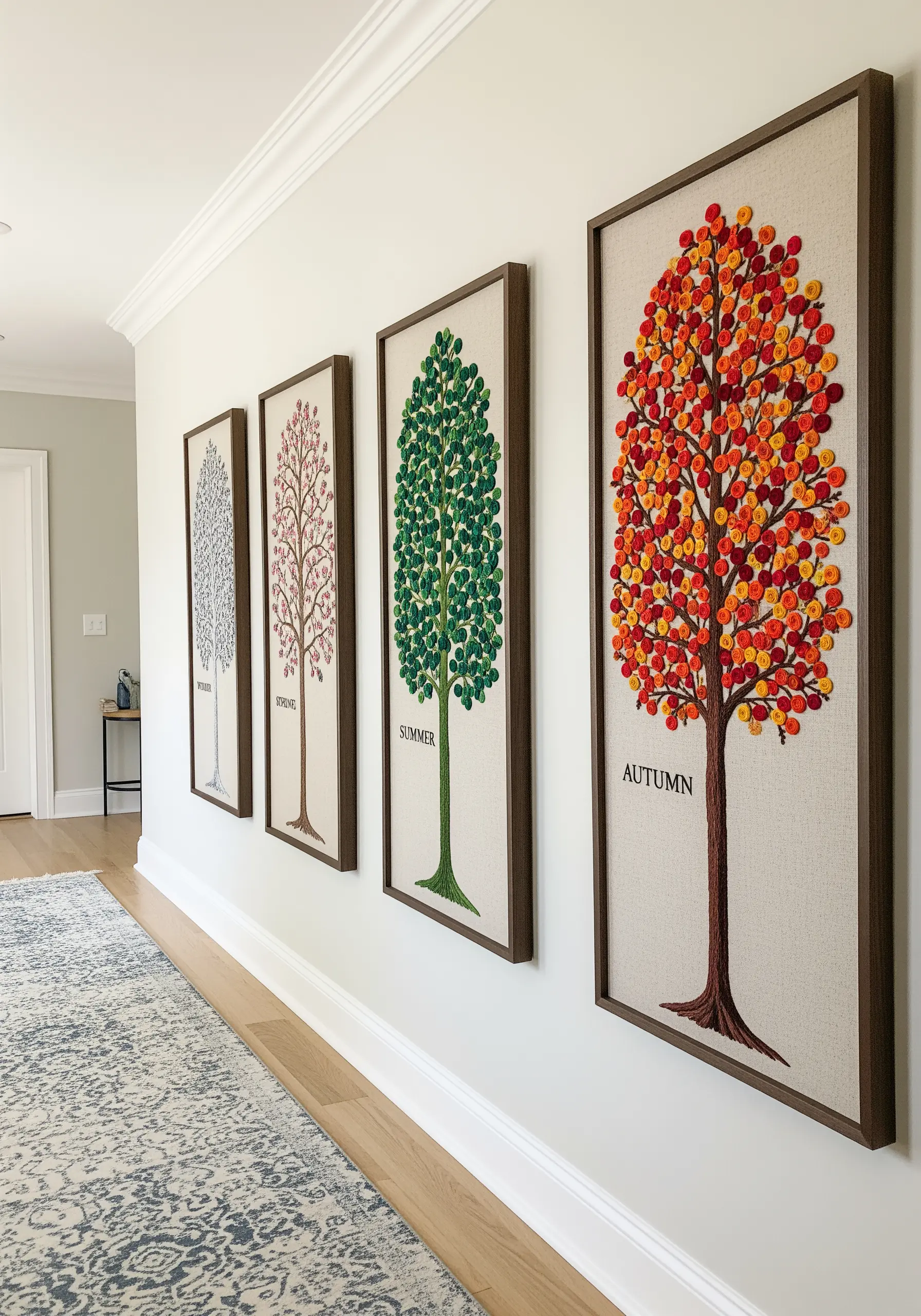 Four framed embroideries showing the same tree through spring, summer, autumn, and winter.