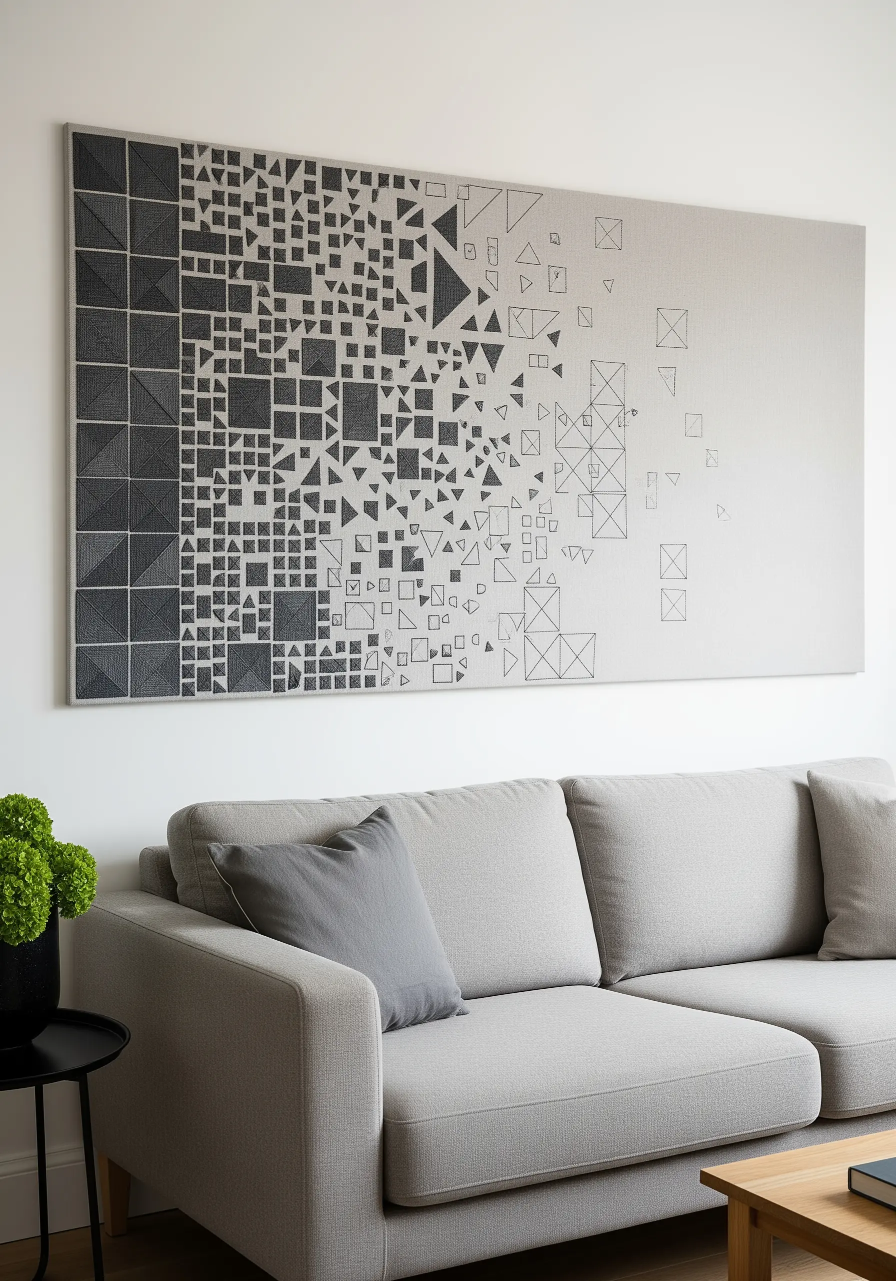 A wide wall panel showing geometric shapes transitioning from solid fills to simple outlines.