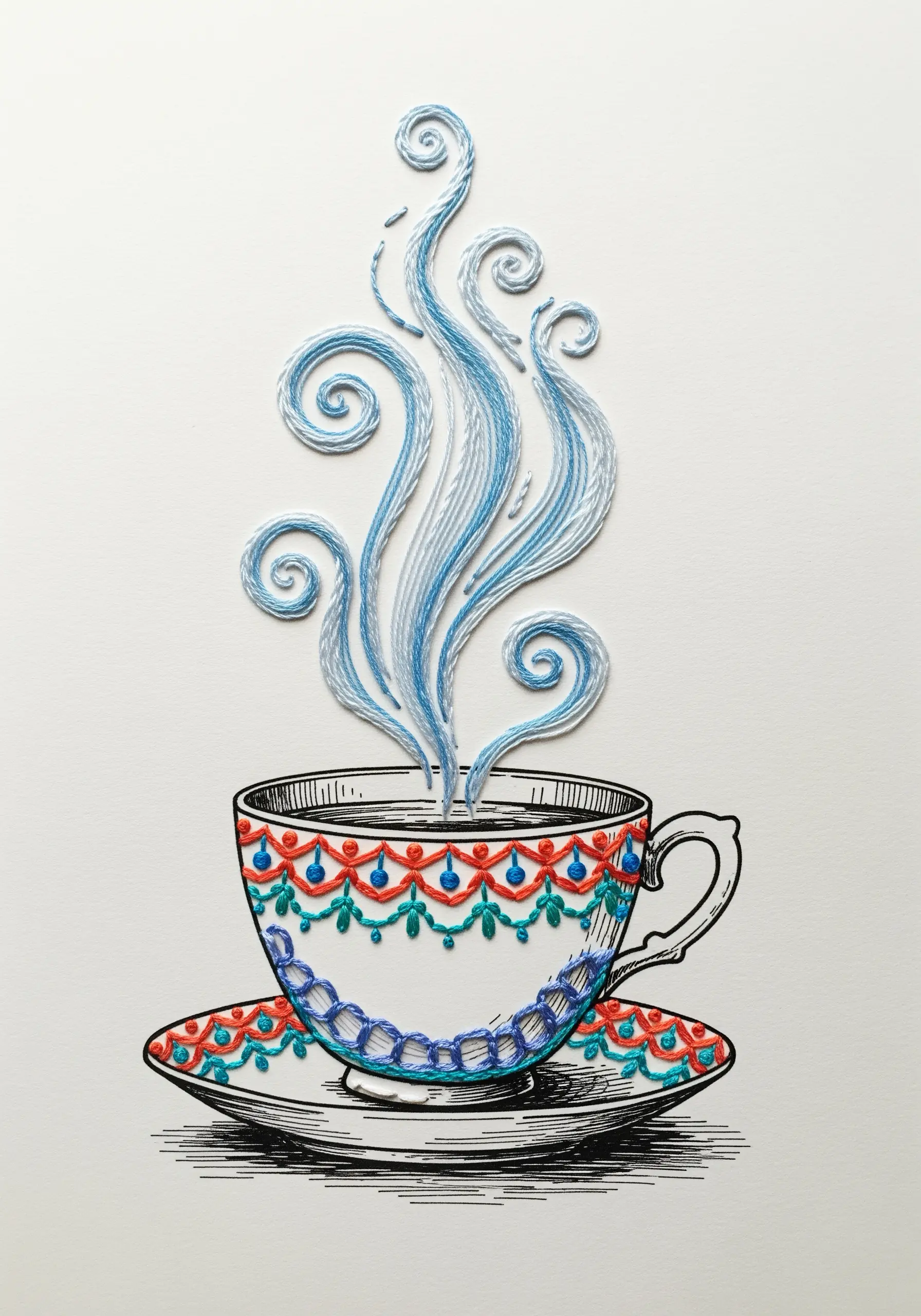 A black and white line drawing of a teacup, with the cup's pattern and steam embroidered.