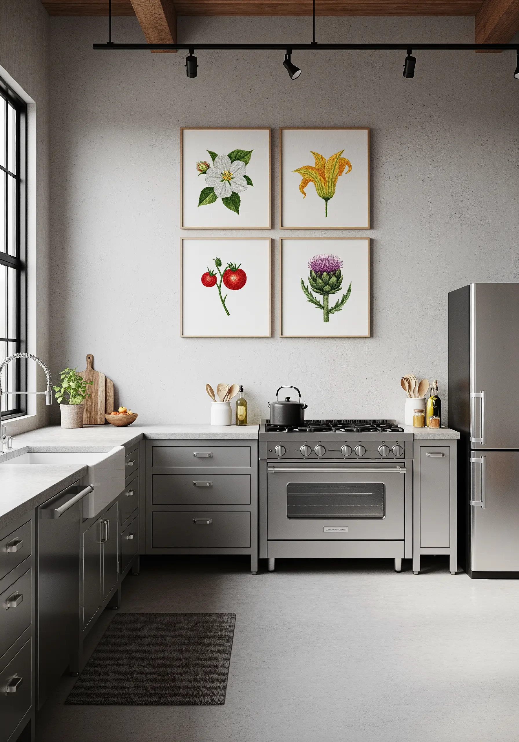Four framed embroideries of botanical illustrations: tomato, thistle, and flowers.