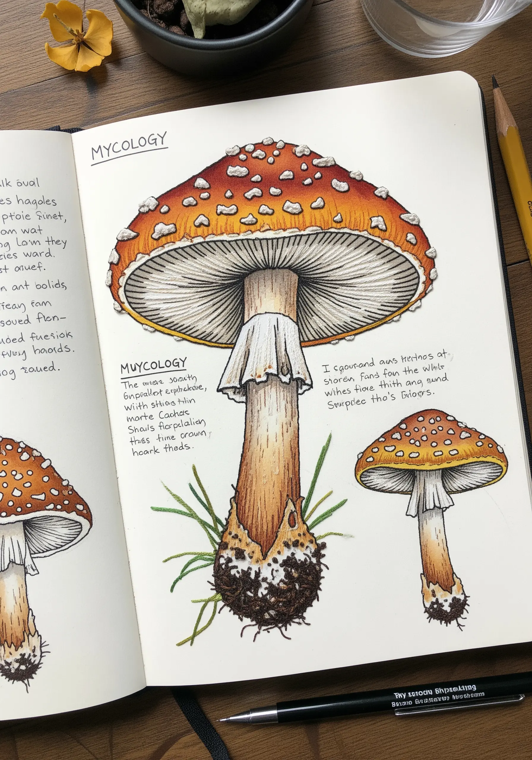A detailed pen, ink, and watercolor illustration of a mushroom in a sketchbook.
