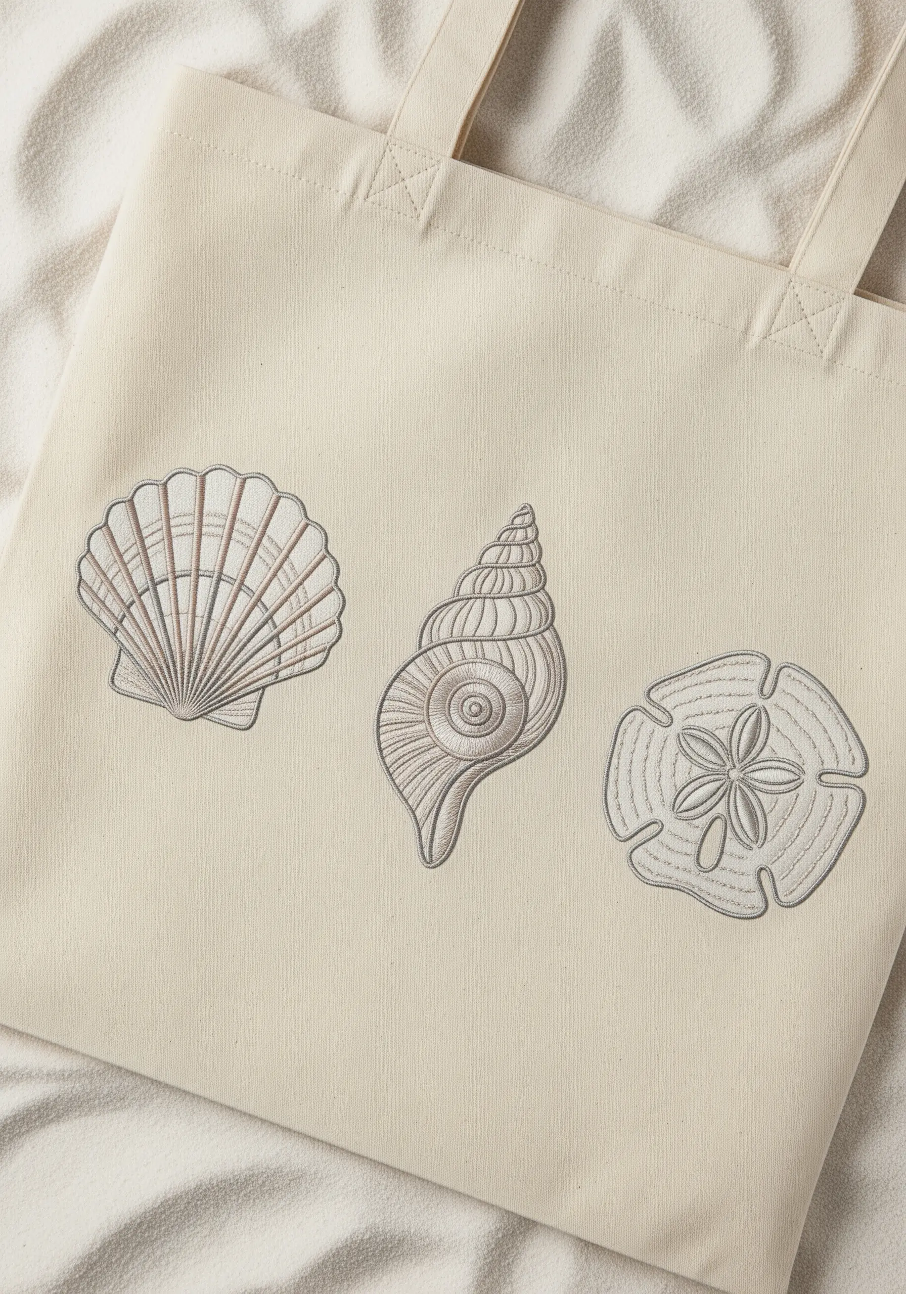 Three delicately embroidered seashells with fine shading on a natural canvas tote.