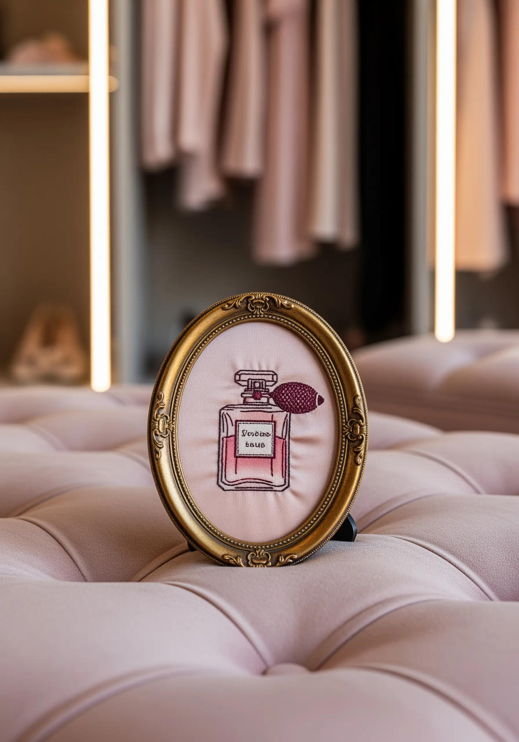 A detailed embroidery of a perfume bottle with varied stitches, framed in an ornate gold oval frame.