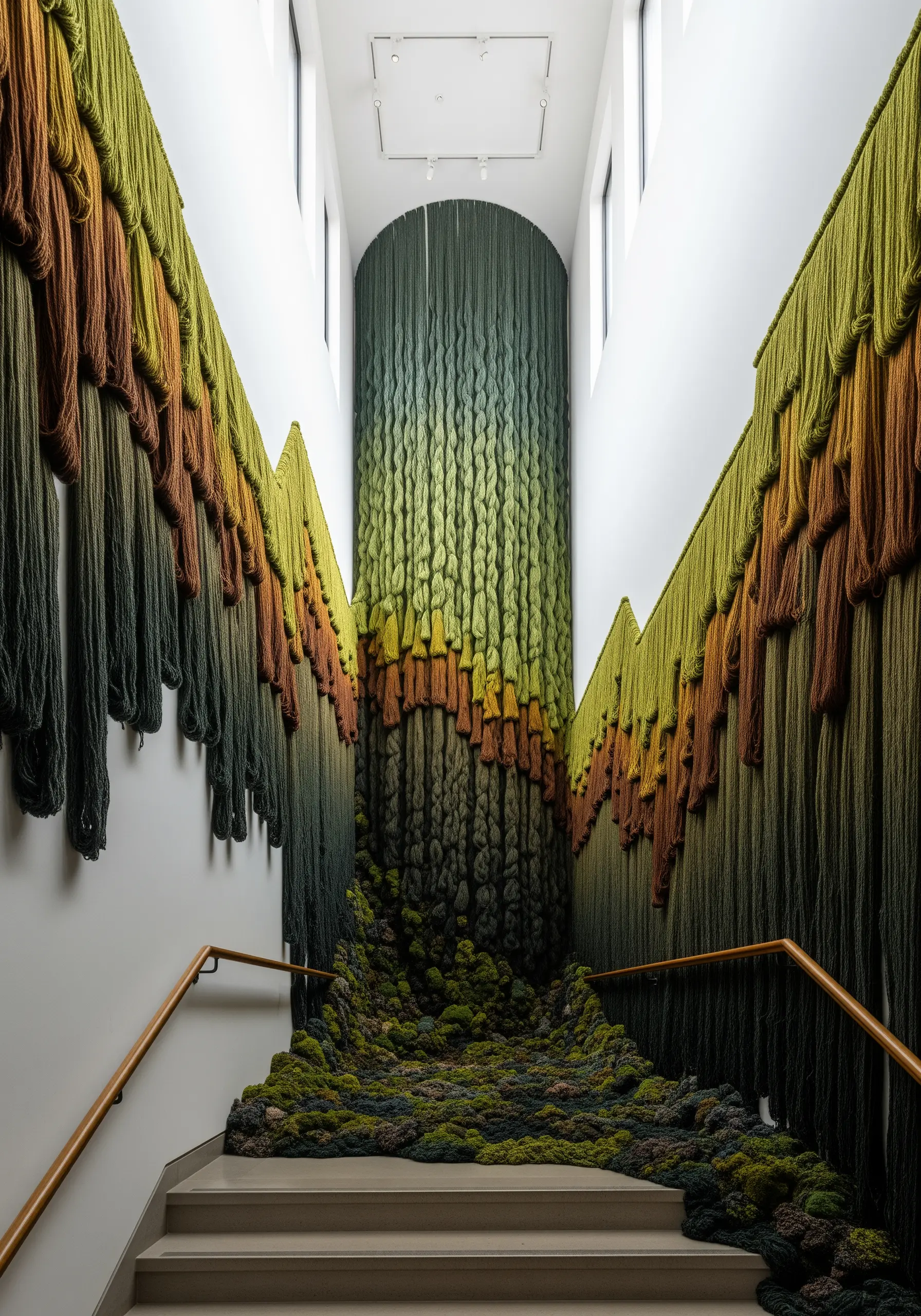 A massive, immersive yarn installation that flows down a staircase, mimicking mossy cliffs.