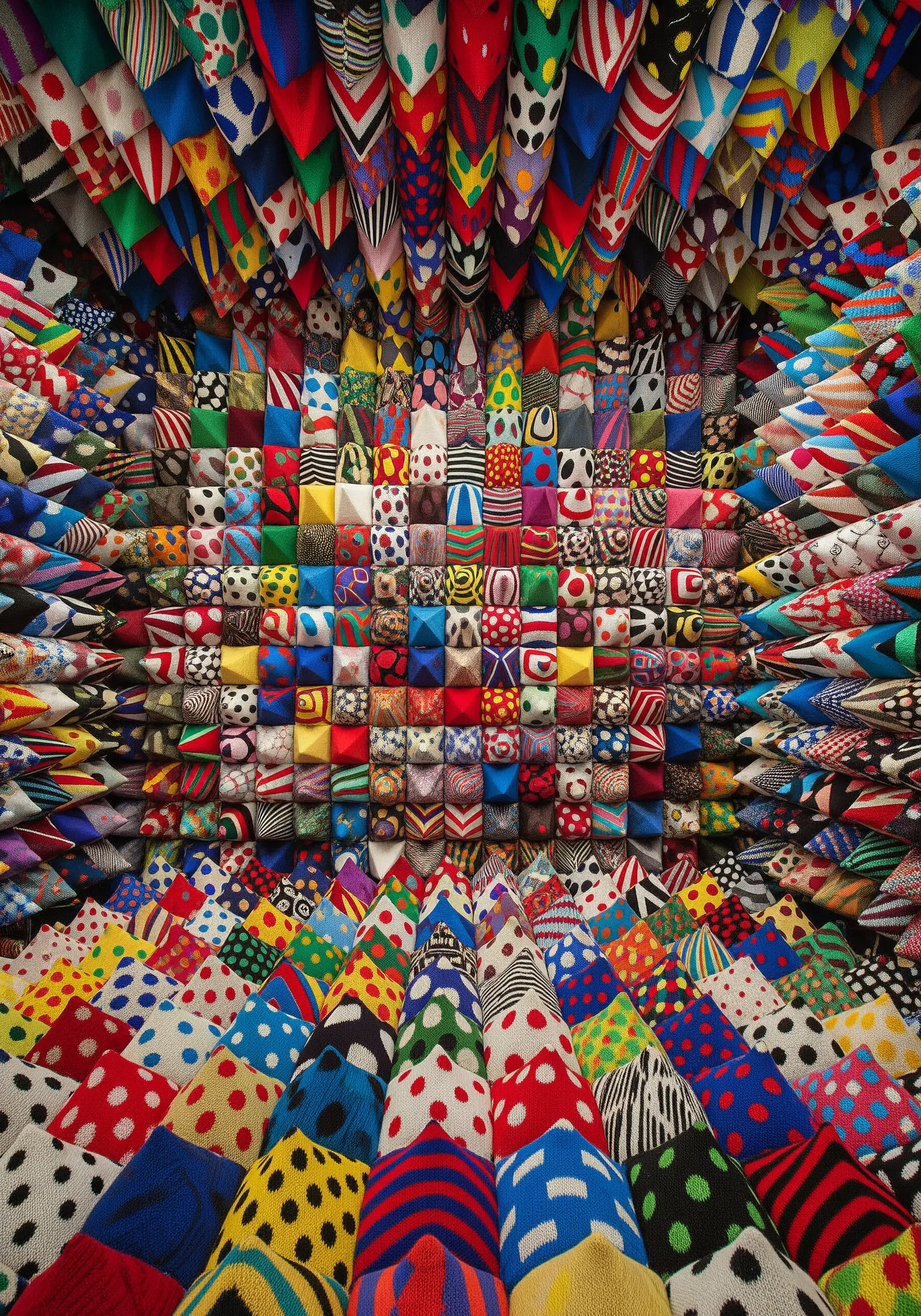 Room filled with colorful patterned fabric cones