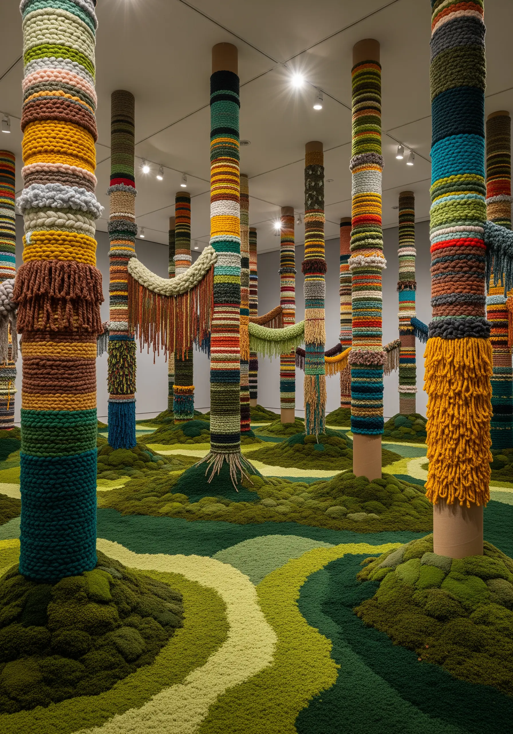 Room filled with yarn-wrapped columns and green mossy floor