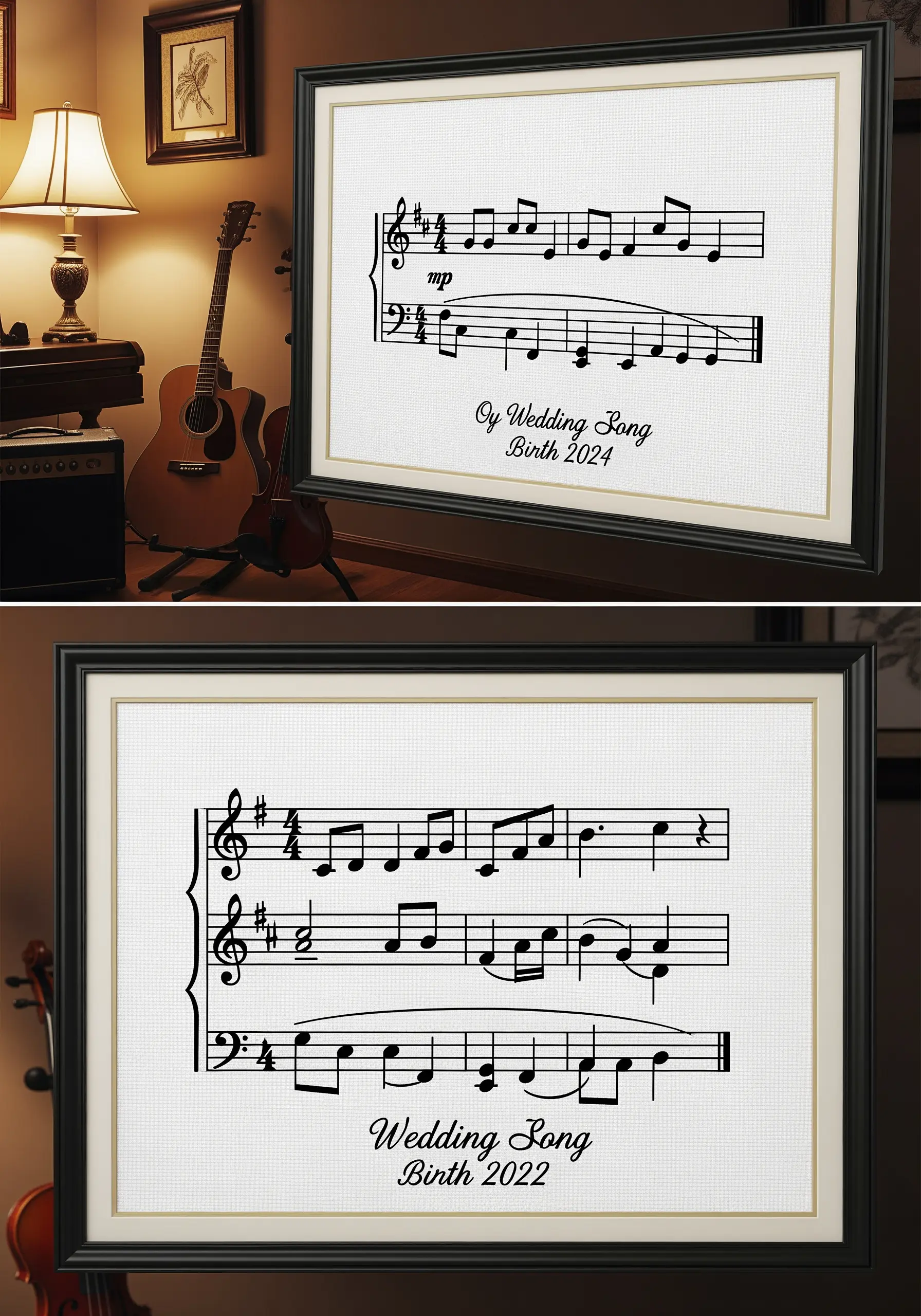 Framed embroidery of sheet music for a wedding song, stitched in black thread.
