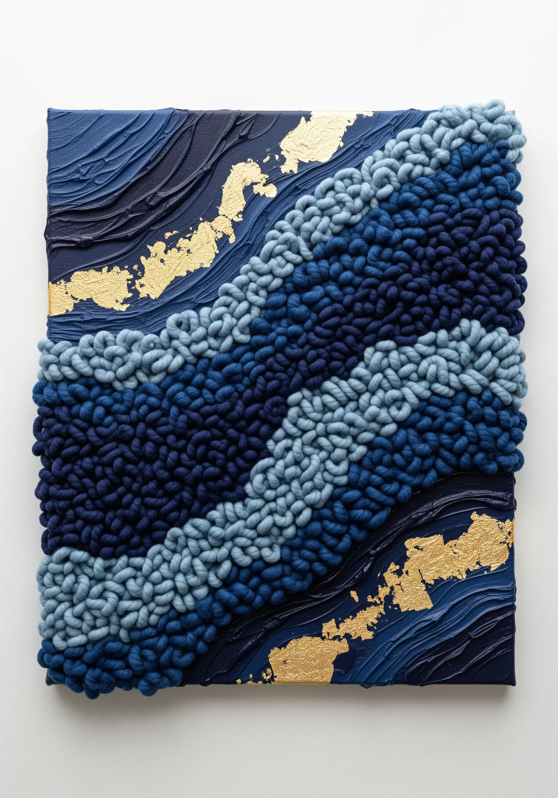 Punch needle art with blue loops and gold leaf texture