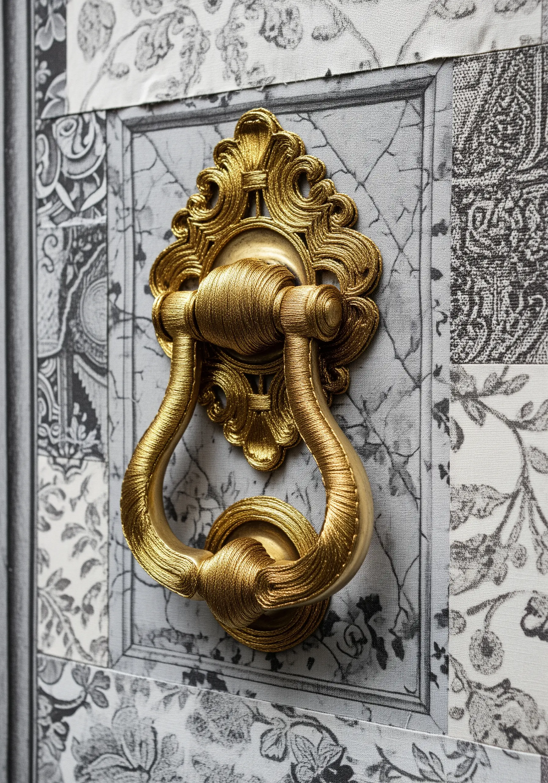 3D gold embroidered door knocker on a collage of gray and white patterned fabric panels.