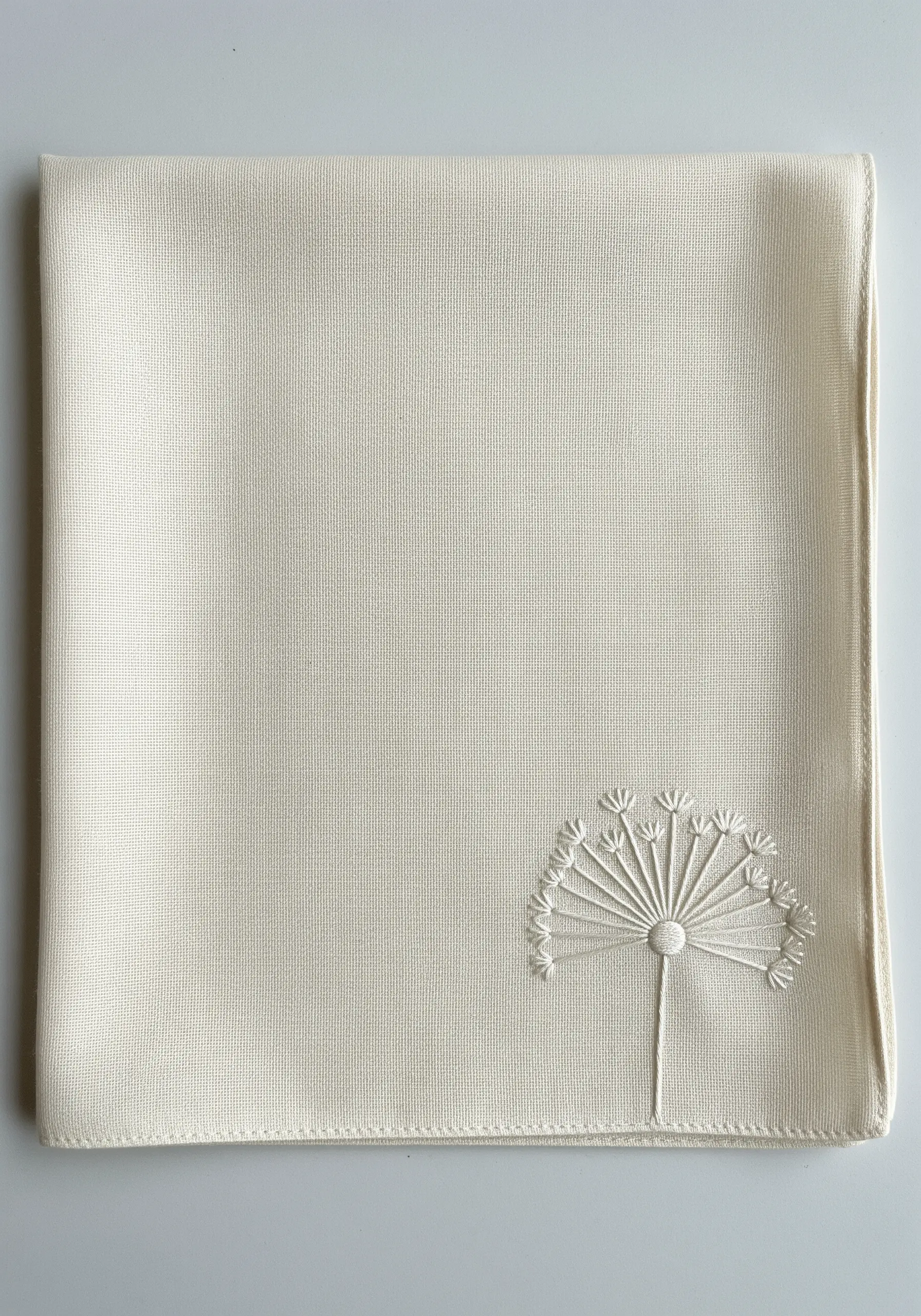 A minimalist dandelion seed head stitched in off-white thread on a cream linen handkerchief.