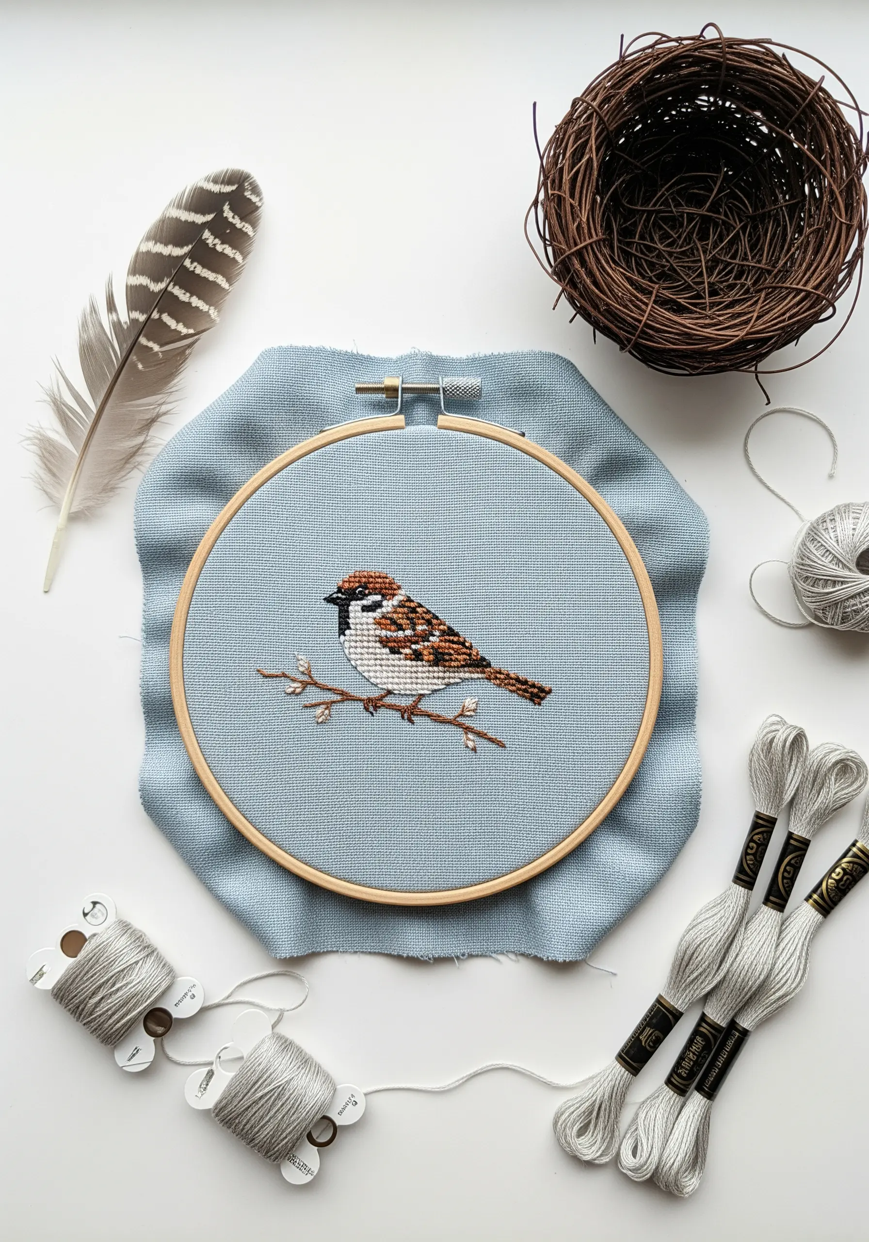 Cross-stitch sparrow on a branch, with mottled brown and white feathers.