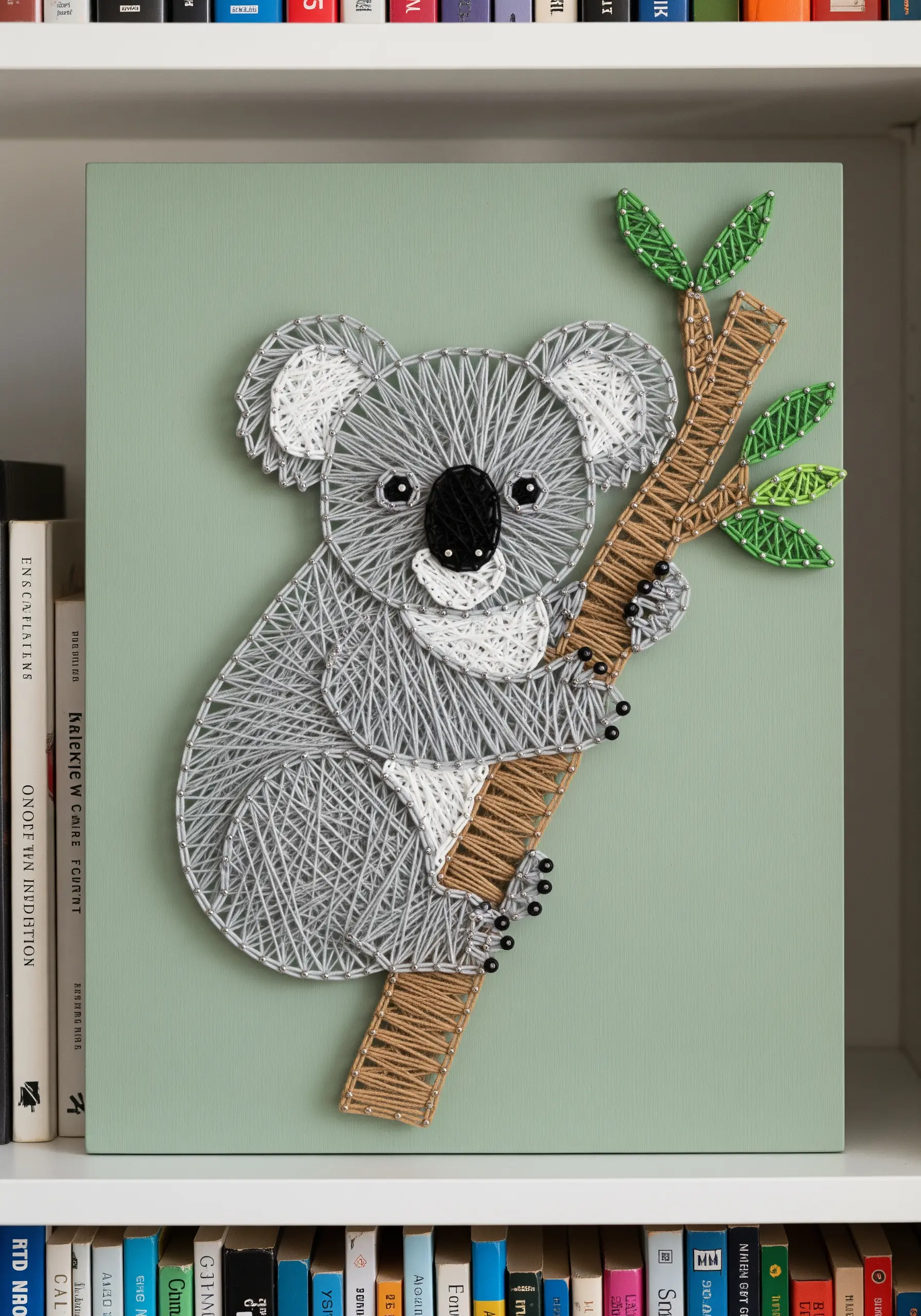 A koala on a branch, embroidered with a dense, woven fill stitch to create a fur-like texture.